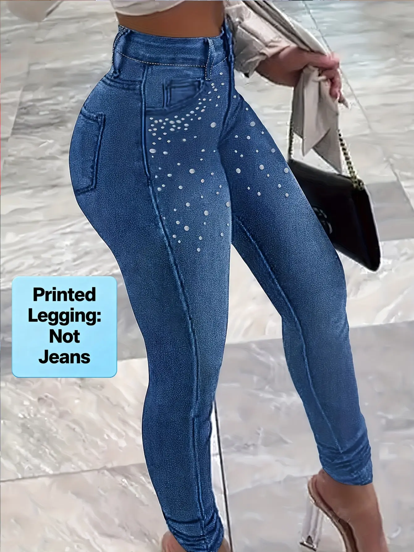 Women’s Rhinestone-Look Faux Denim Print Leggings gallery view