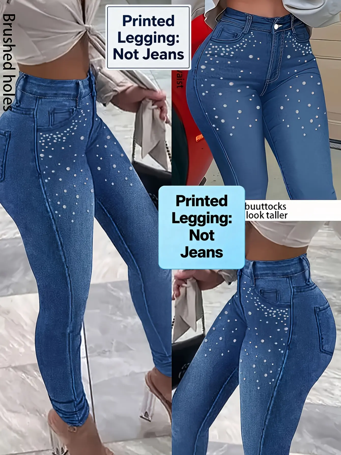 Women’s Rhinestone-Look Faux Denim Print Leggings gallery view