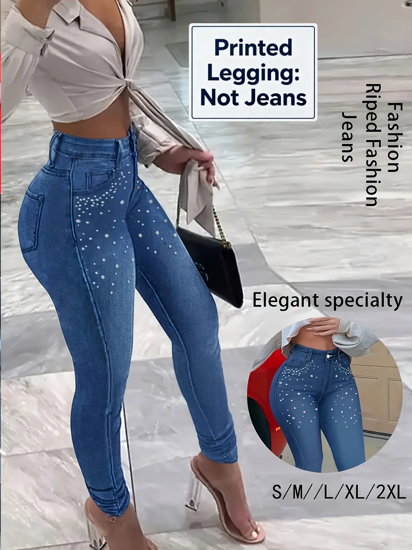 Women’s Rhinestone-Look Faux Denim Print Leggings gallery view