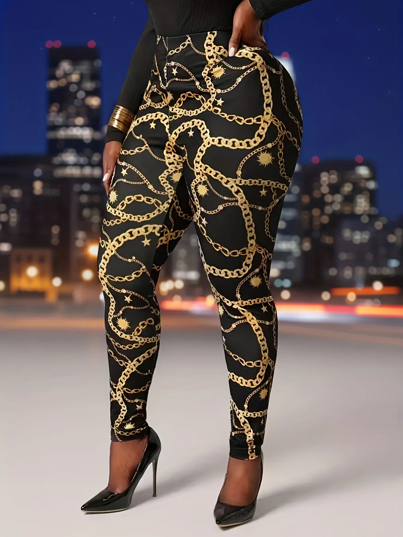 Women’s Black Chain Print High-Waist Leggings gallery view