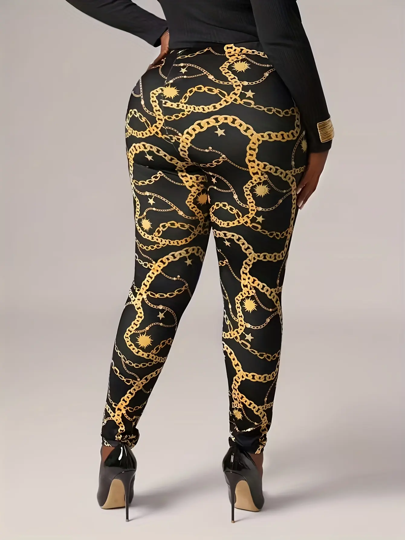Women’s Black Chain Print High-Waist Leggings gallery view