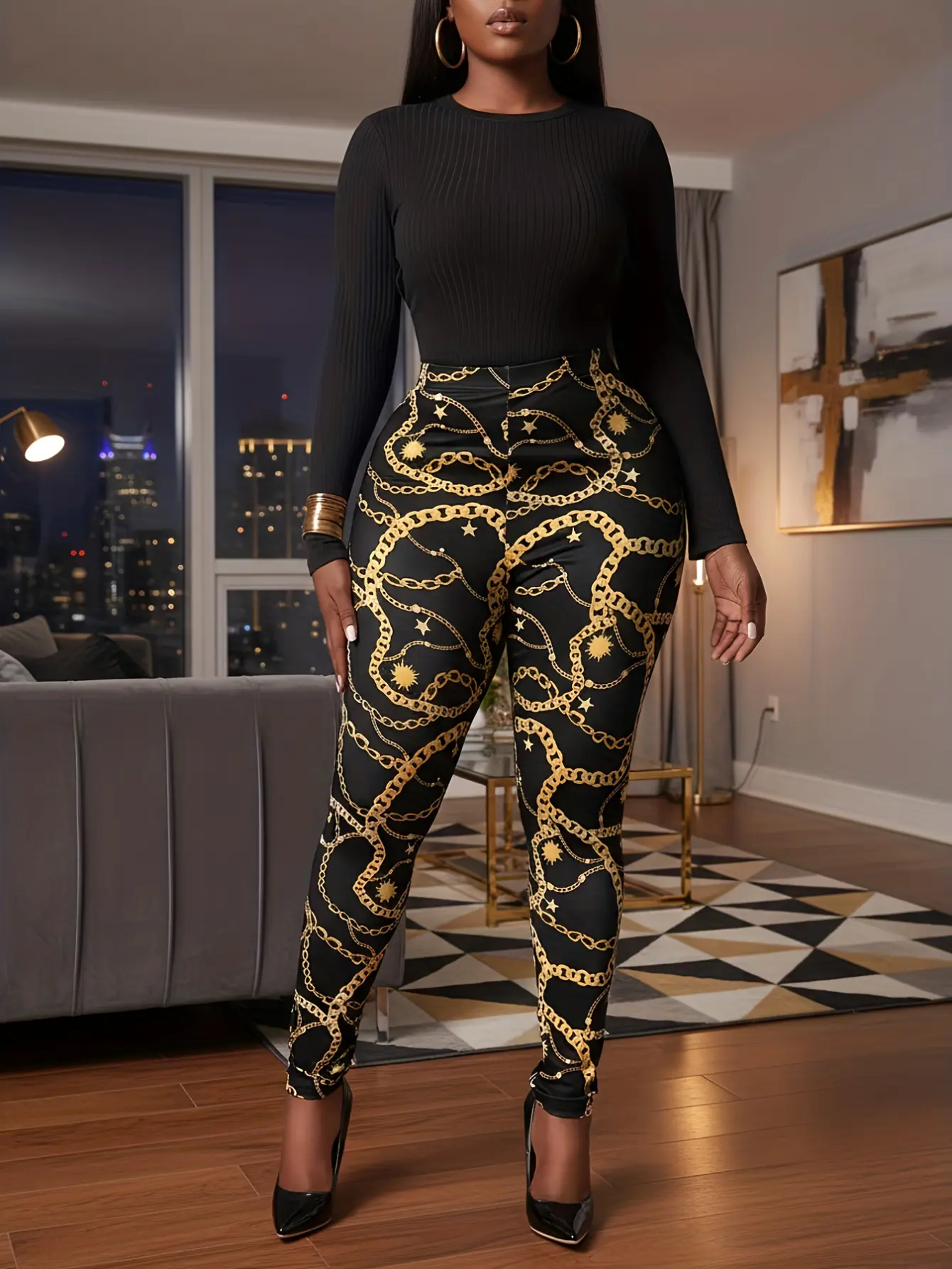 Women’s Black Chain Print High-Waist Leggings gallery view