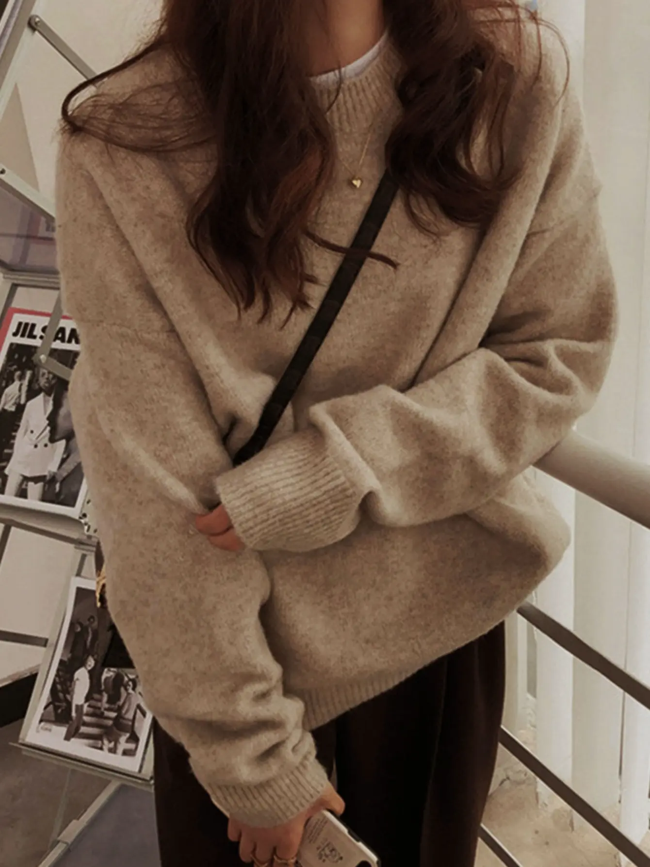 Women’s Camel Oversized Crewneck Knit Sweater gallery view