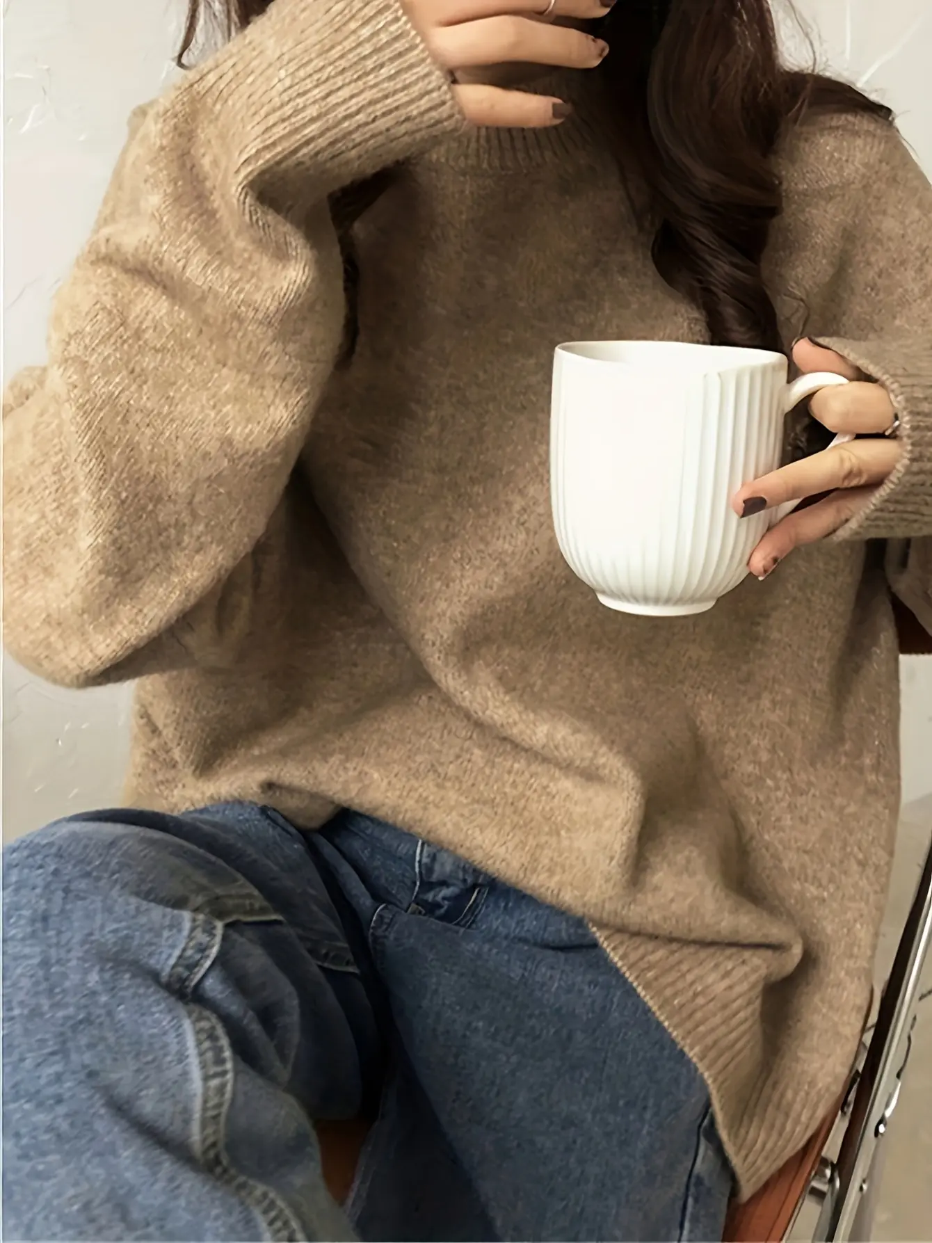 Women’s Camel Oversized Crewneck Knit Sweater gallery view