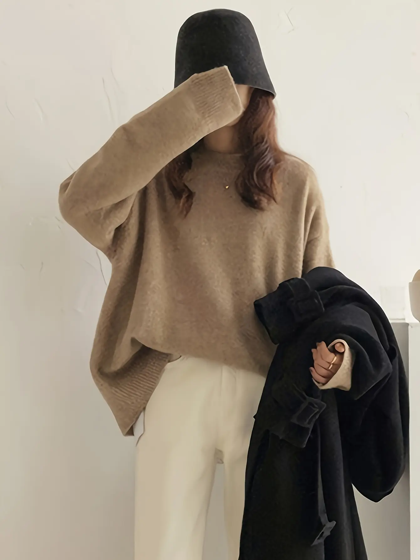 Women’s Camel Oversized Crewneck Knit Sweater gallery view