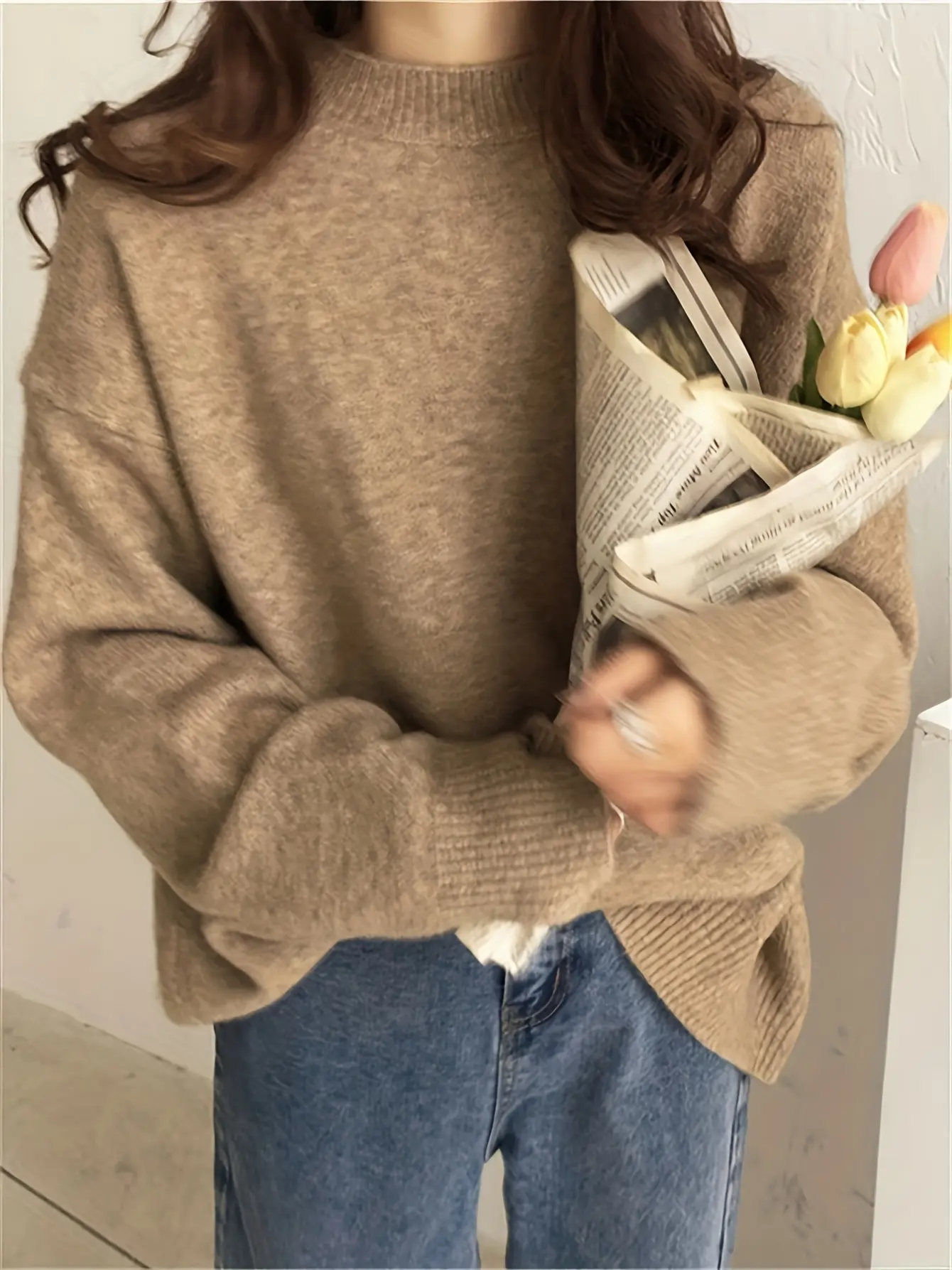 Women’s Camel Oversized Crewneck Knit Sweater gallery view