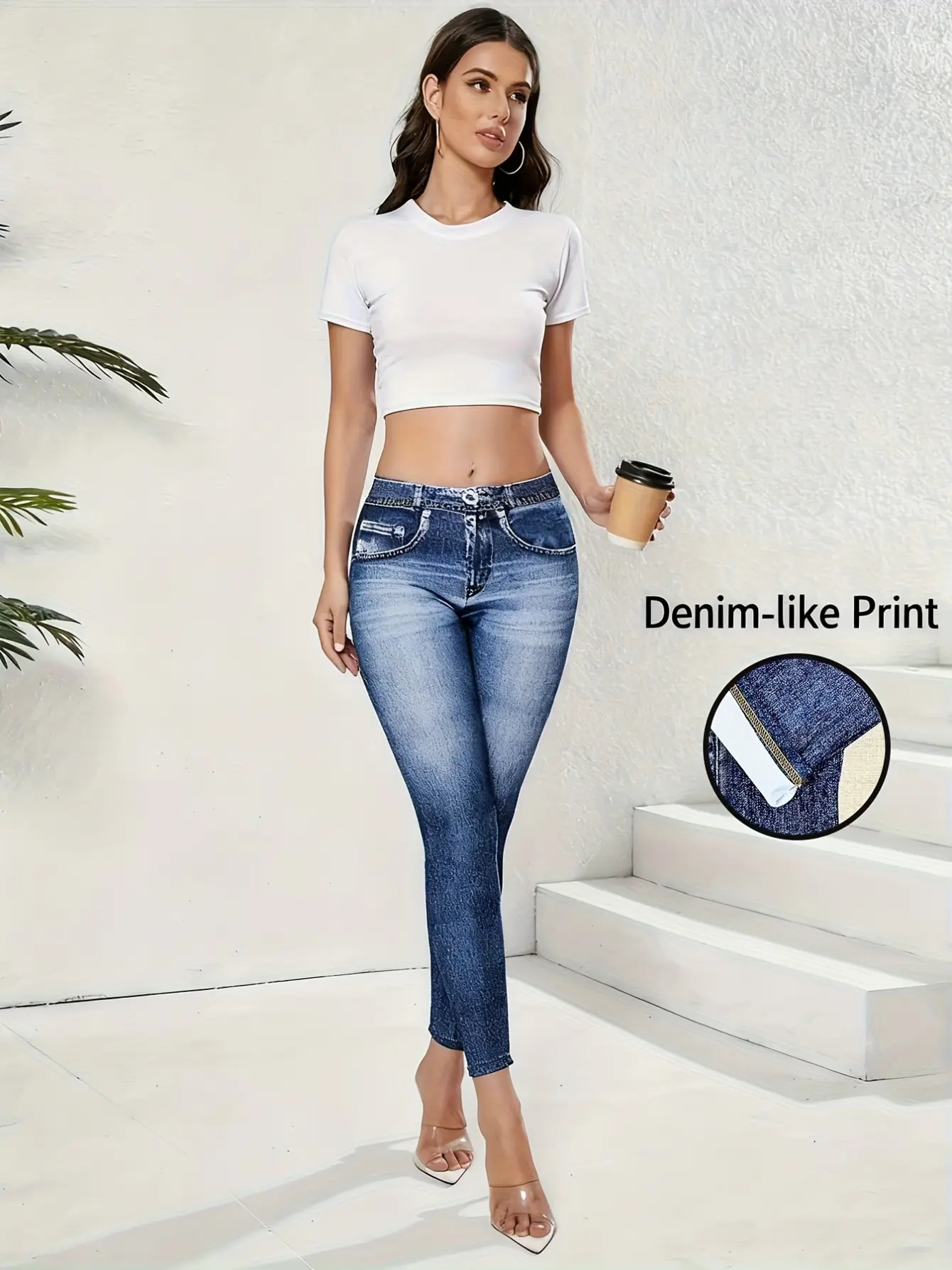 Women’s High-Waist Faux Denim Print Stretch Leggings gallery view