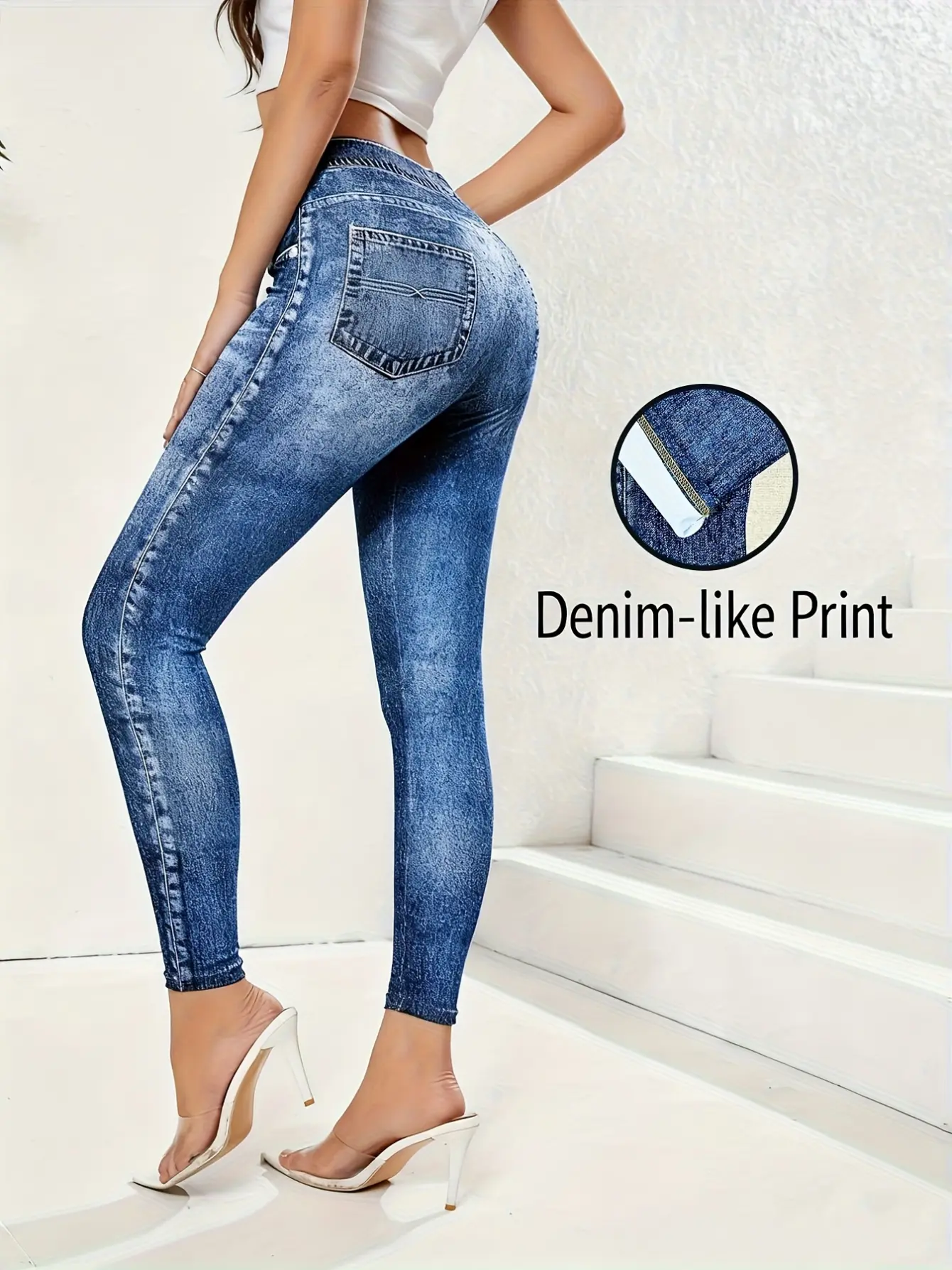 Women’s High-Waist Faux Denim Print Stretch Leggings gallery view