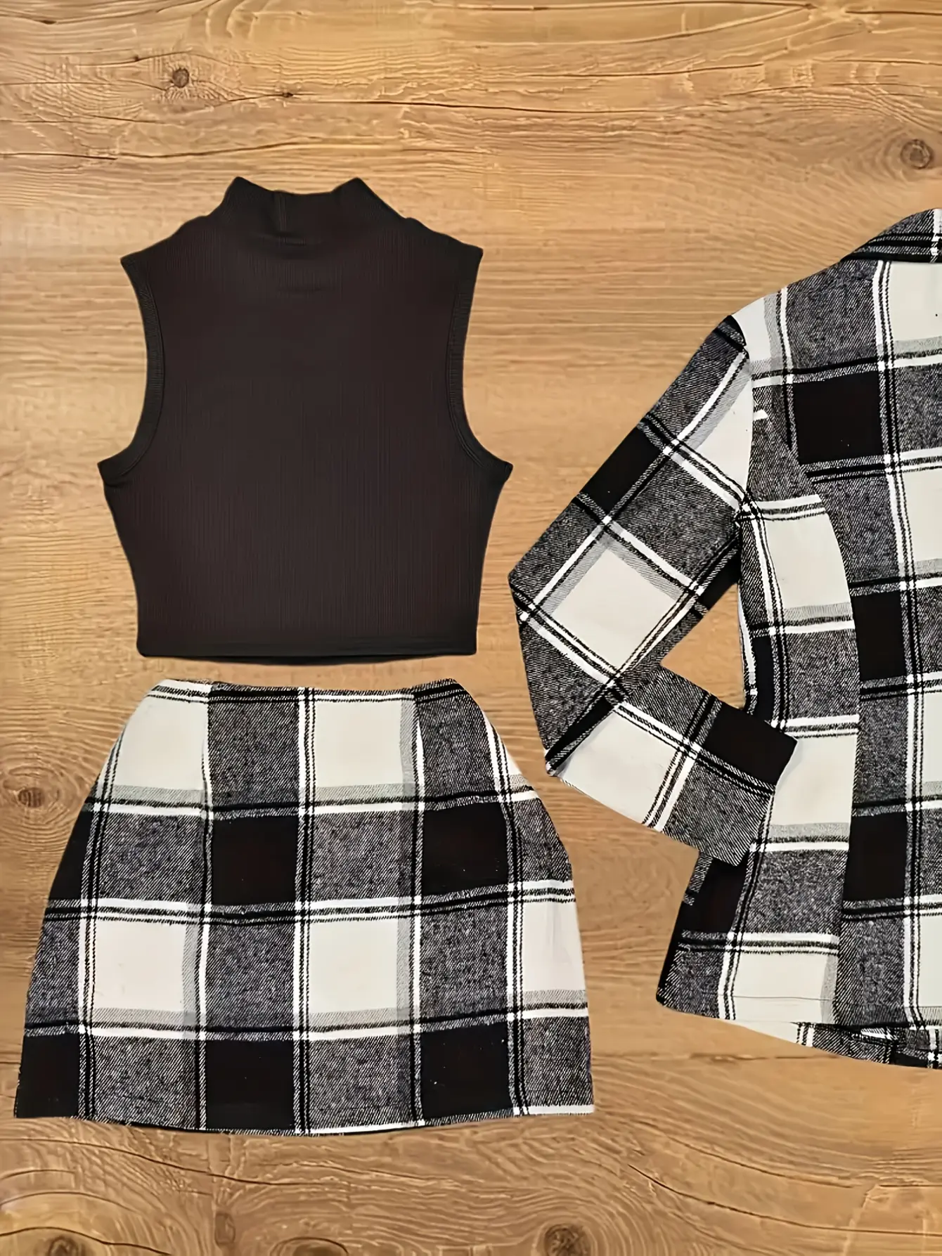 Women’s Black and White Check Blazer, Top and Skirt Set gallery view