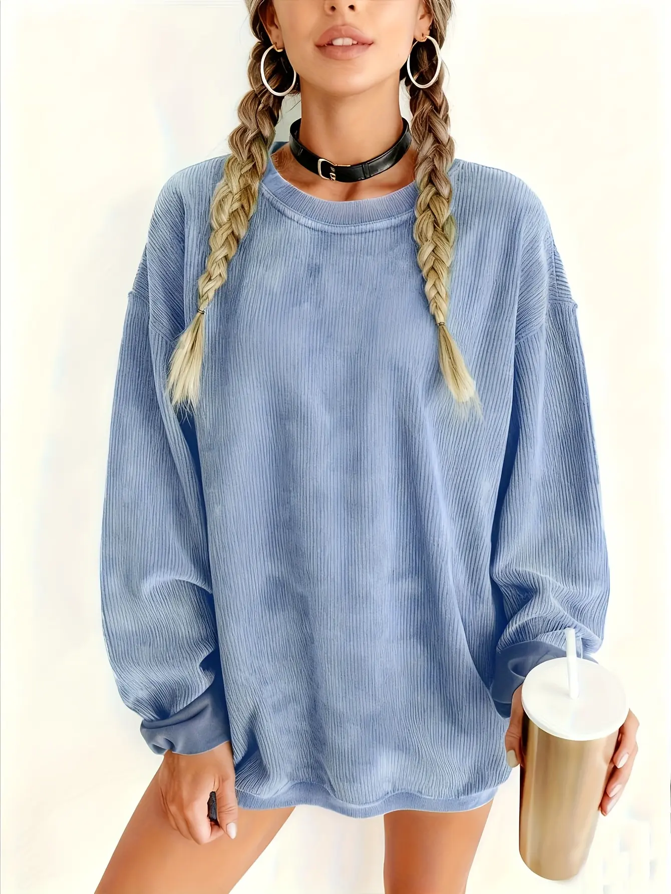 Women’s Sky Blue Corduroy-Texture Crewneck Sweatshirt gallery view