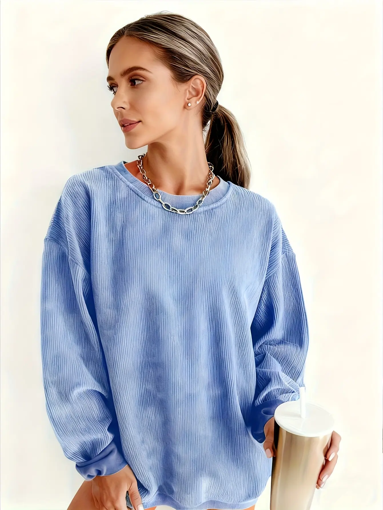 Women’s Sky Blue Corduroy-Texture Crewneck Sweatshirt gallery view