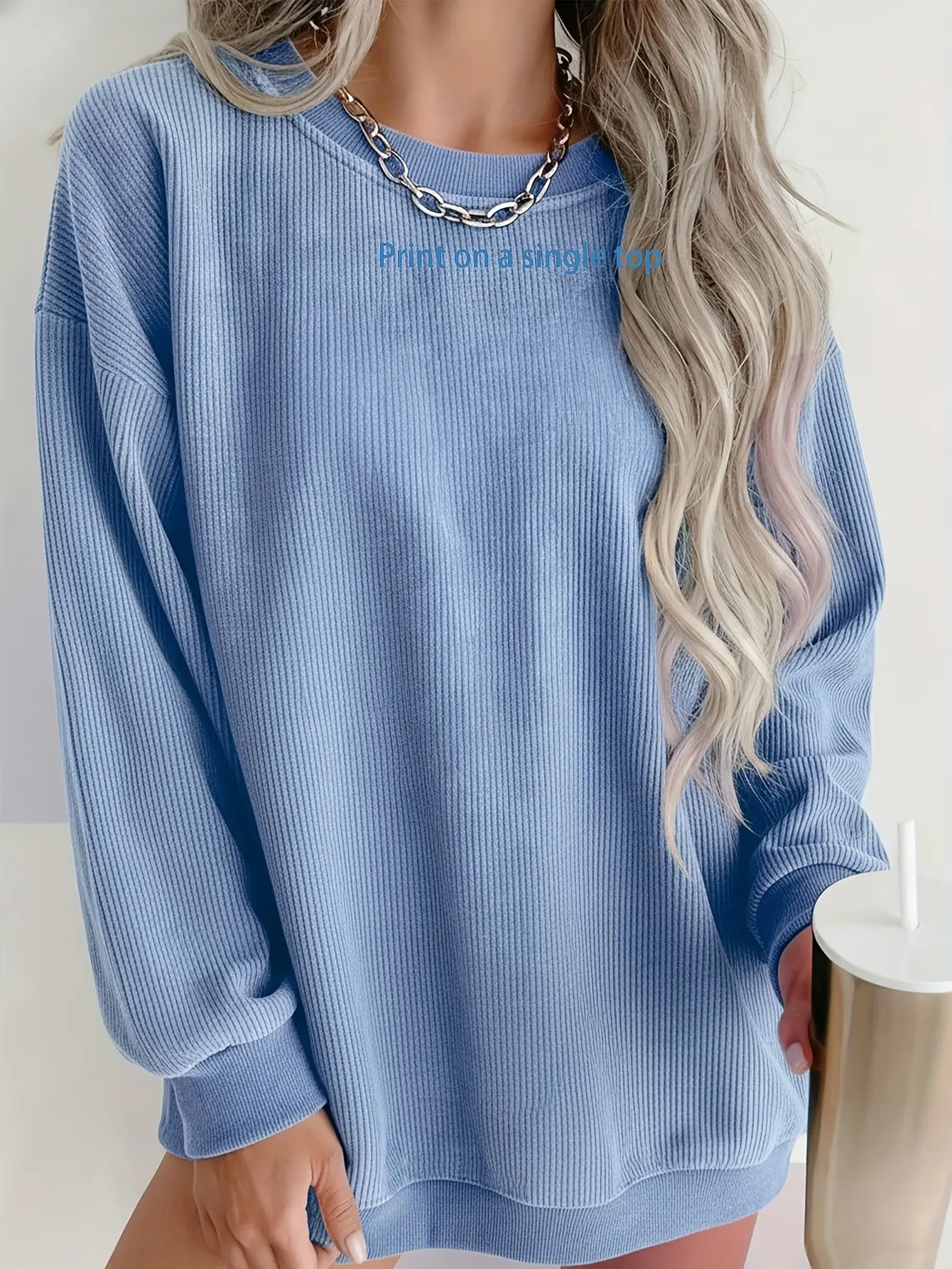 Women’s Sky Blue Corduroy-Texture Crewneck Sweatshirt gallery view