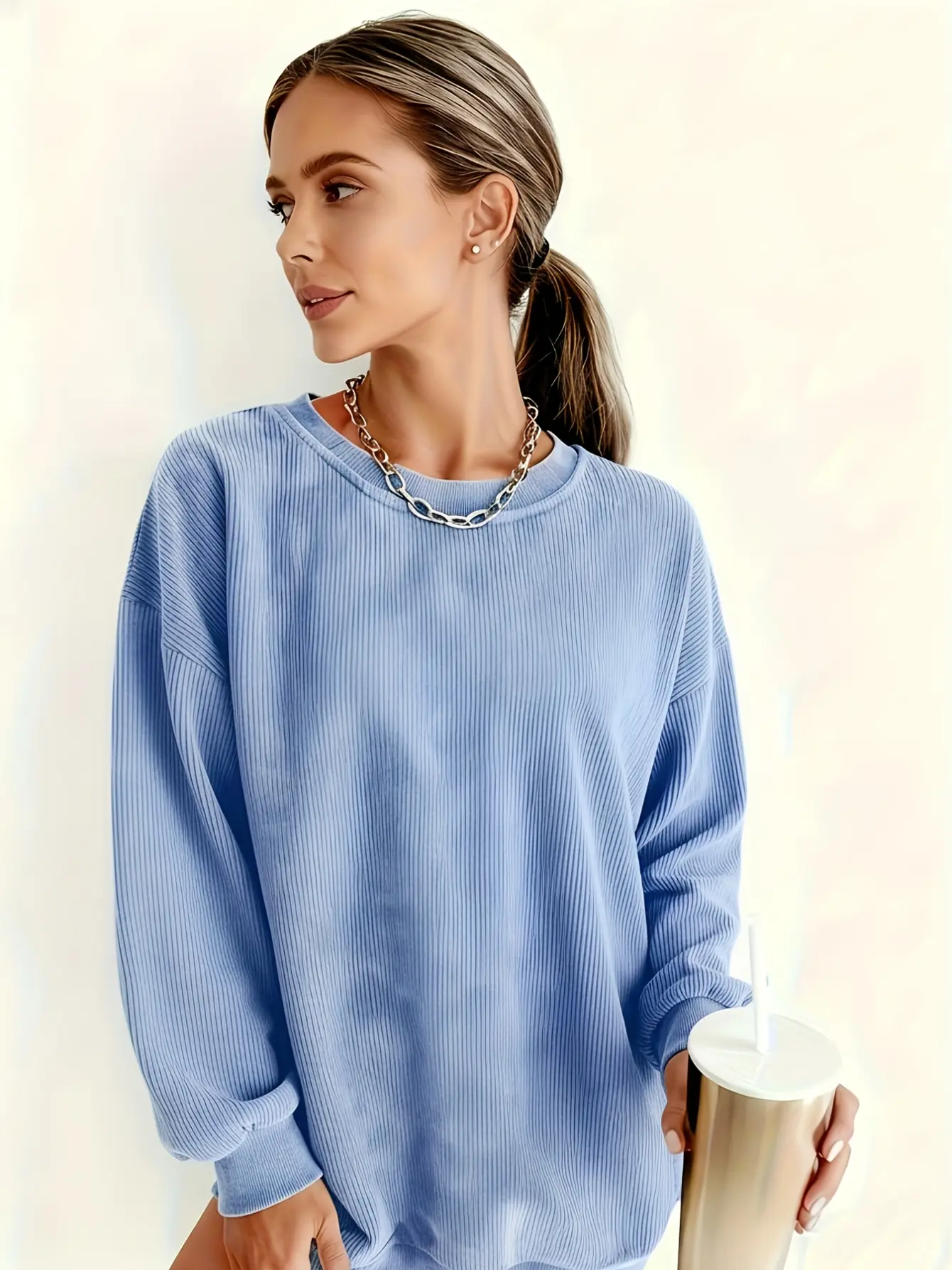 Women’s Sky Blue Corduroy-Texture Crewneck Sweatshirt gallery view