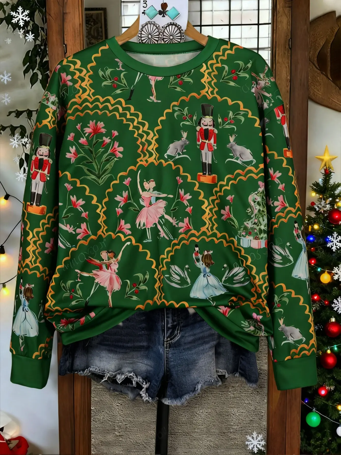 Women’s Nutcracker Graphic Christmas Crewneck Sweatshirt gallery view