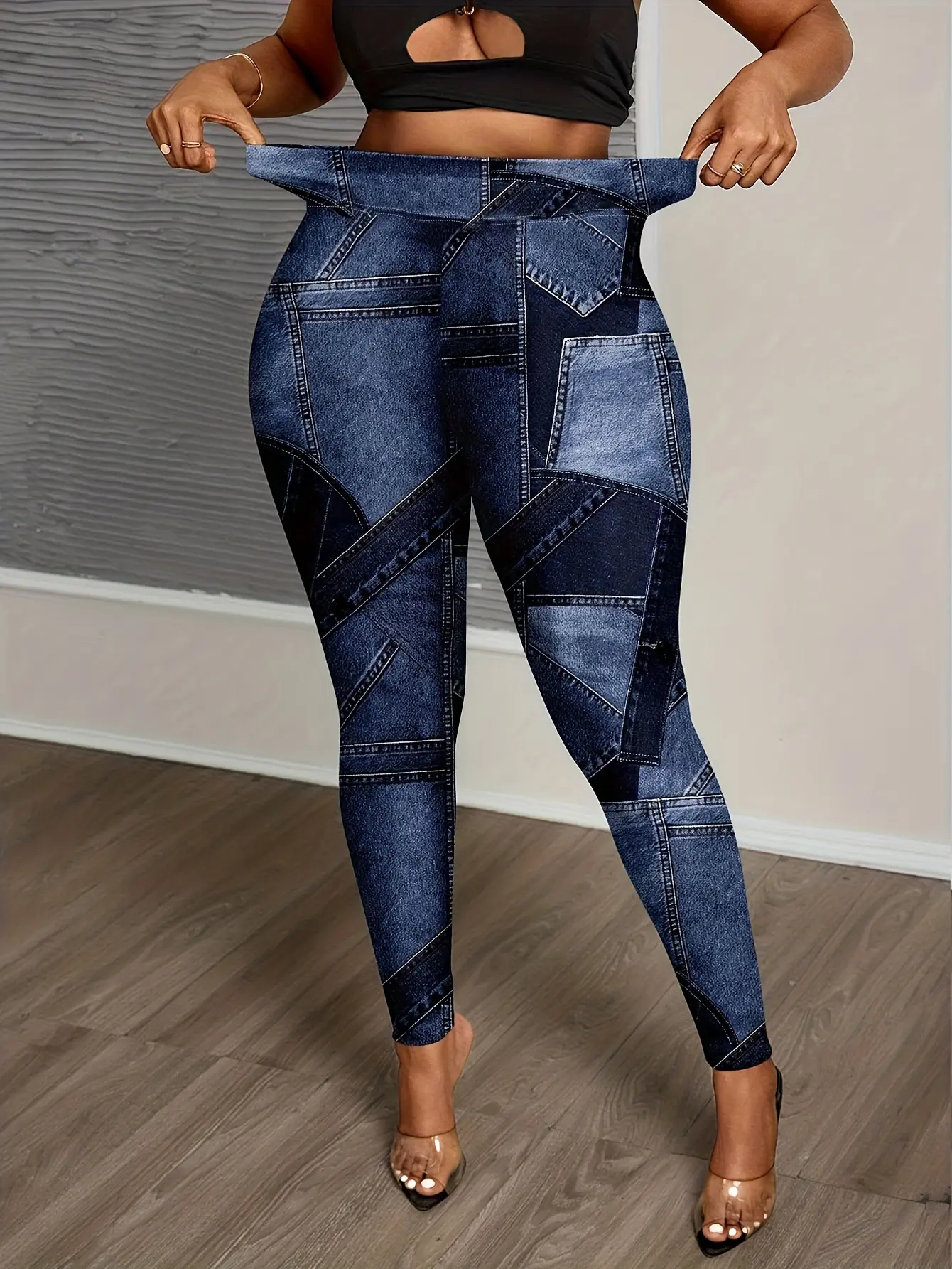 Women’s Patchwork Faux Denim Print Stretch Leggings gallery view