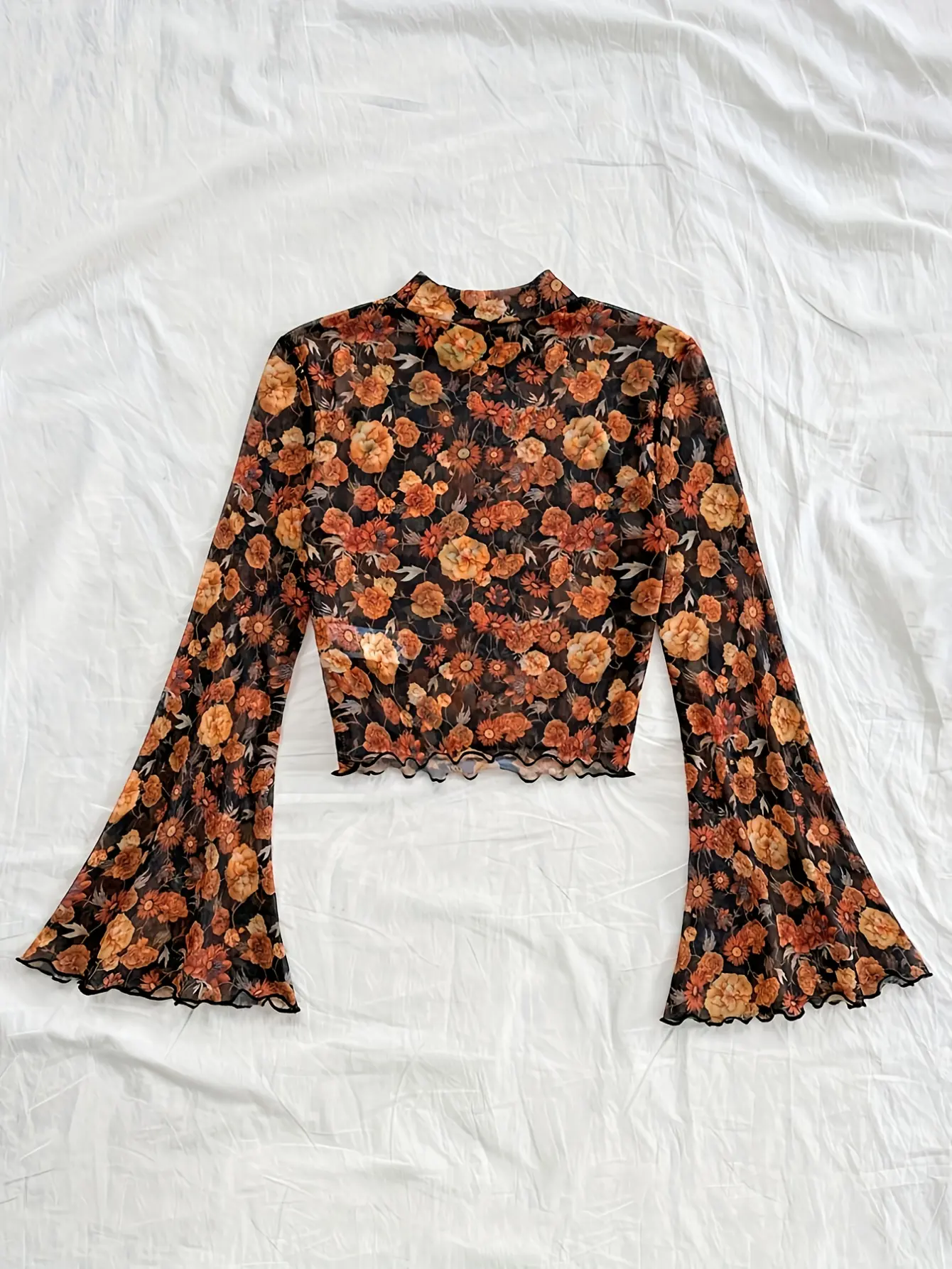 Women’s Yellow Floral Mesh Mock-Neck Bell-Sleeve Top gallery view