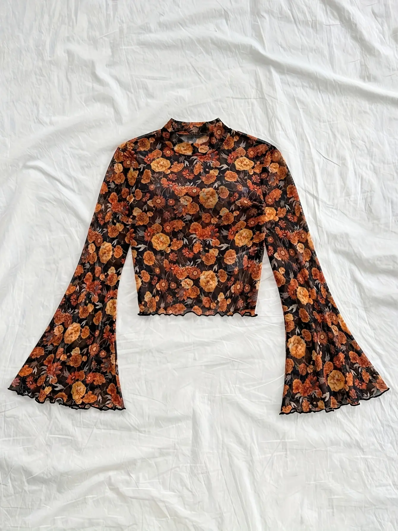Women’s Yellow Floral Mesh Mock-Neck Bell-Sleeve Top gallery view