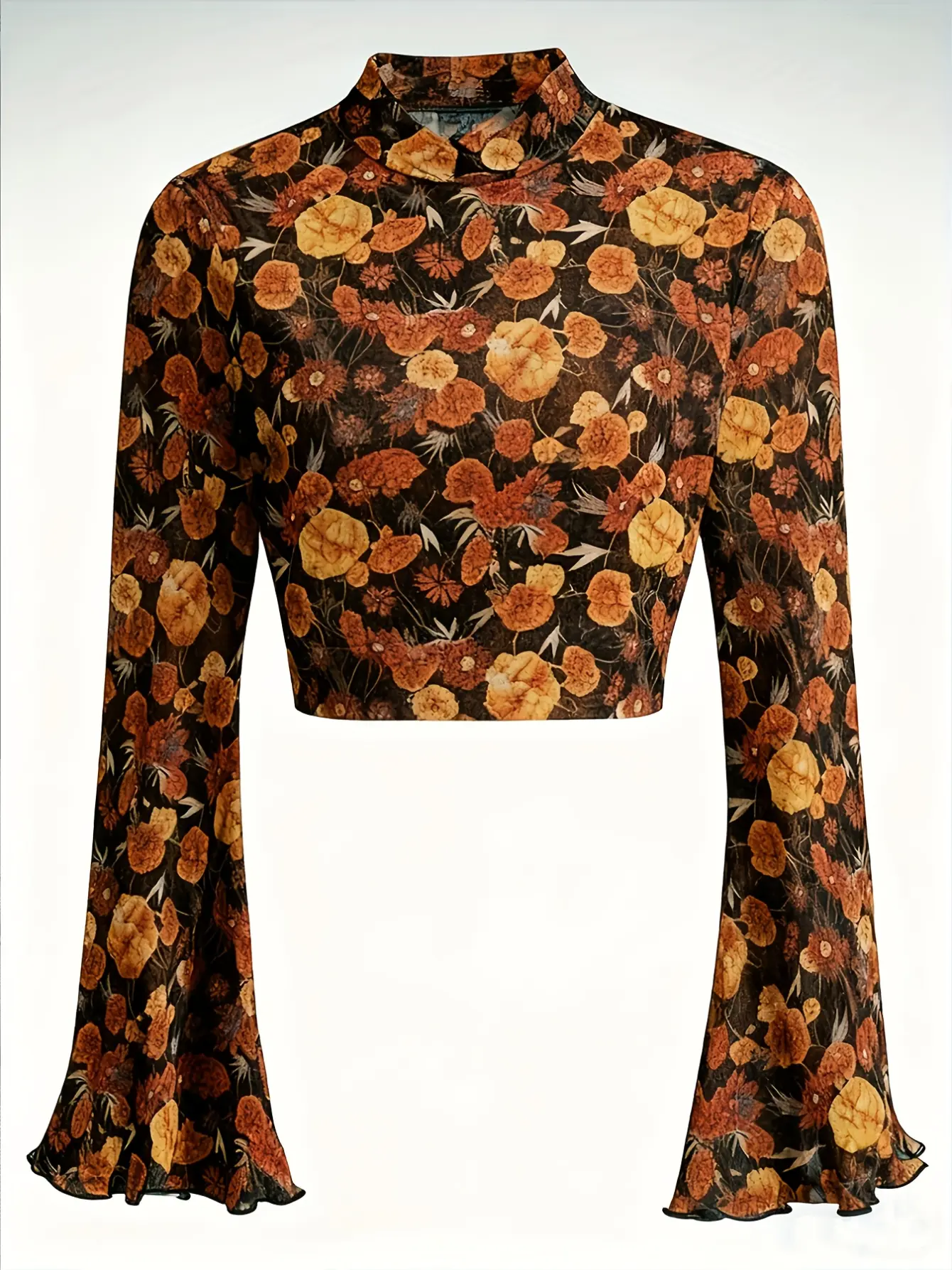 Women’s Yellow Floral Mesh Mock-Neck Bell-Sleeve Top gallery view