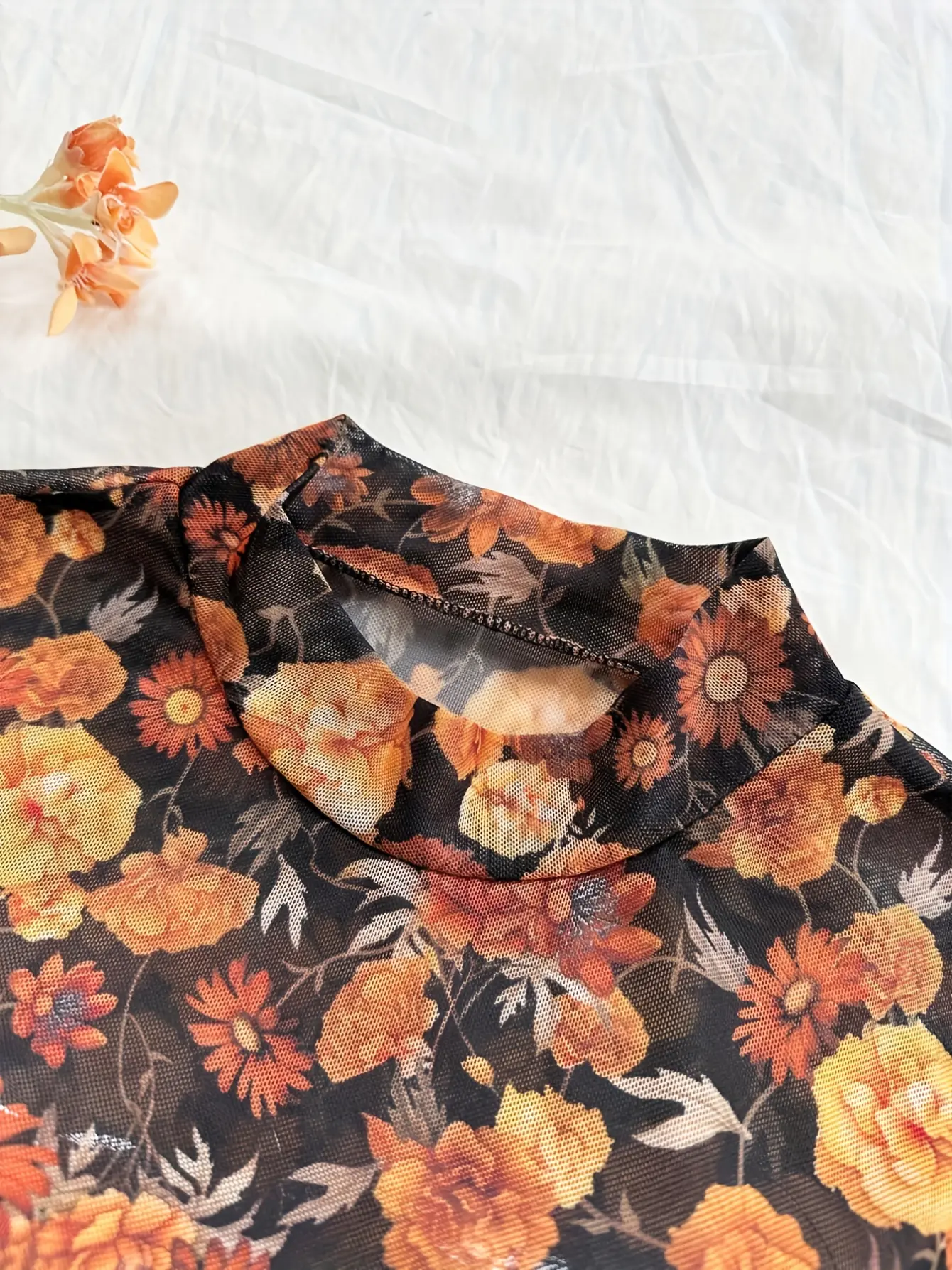 Women’s Yellow Floral Mesh Mock-Neck Bell-Sleeve Top gallery view