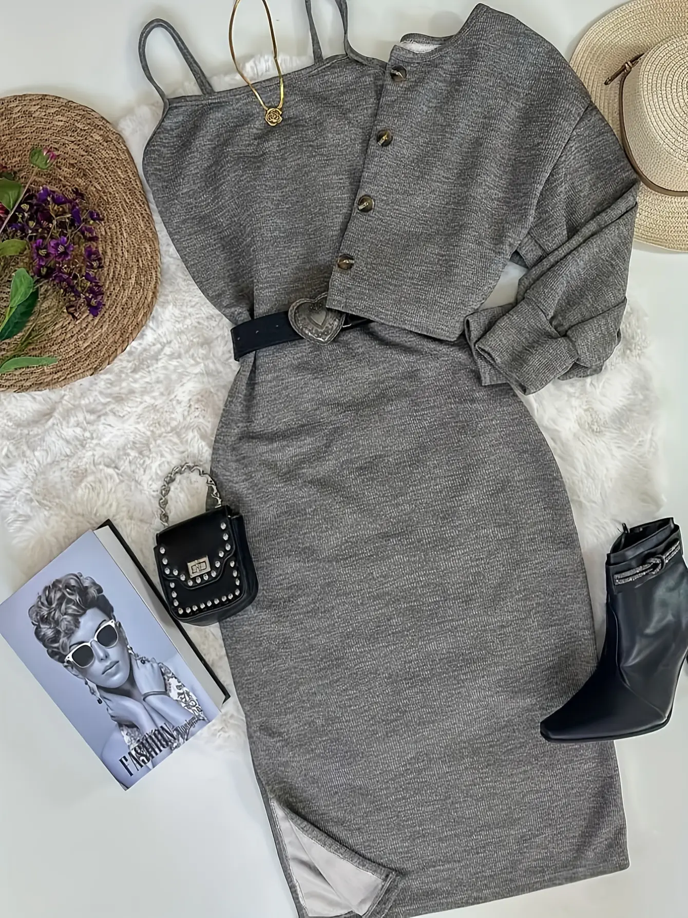Women’s Dark Grey Slip Dress and Button Cardigan Set gallery view