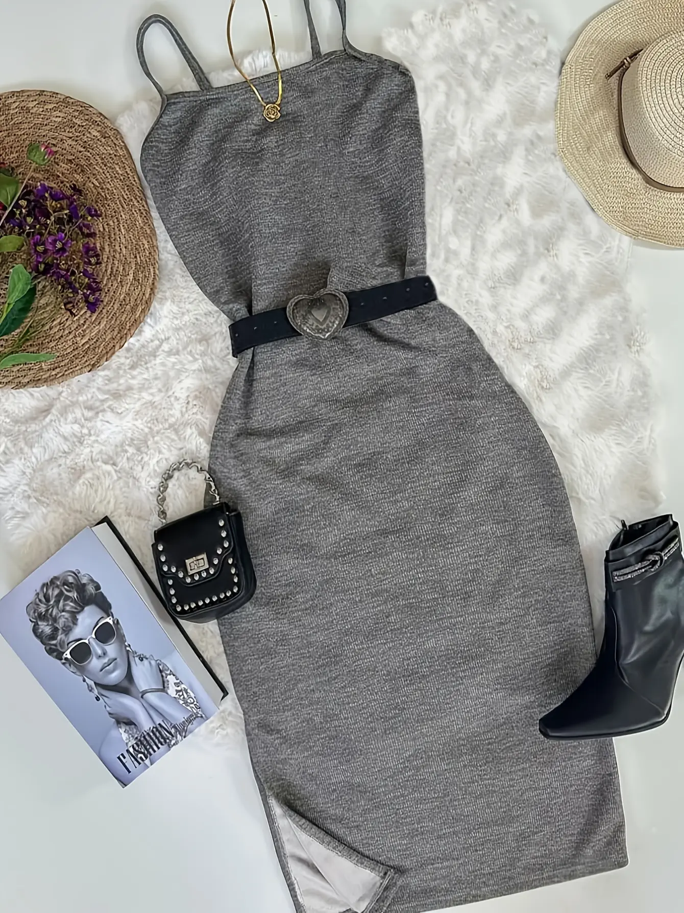 Women’s Dark Grey Slip Dress and Button Cardigan Set gallery view