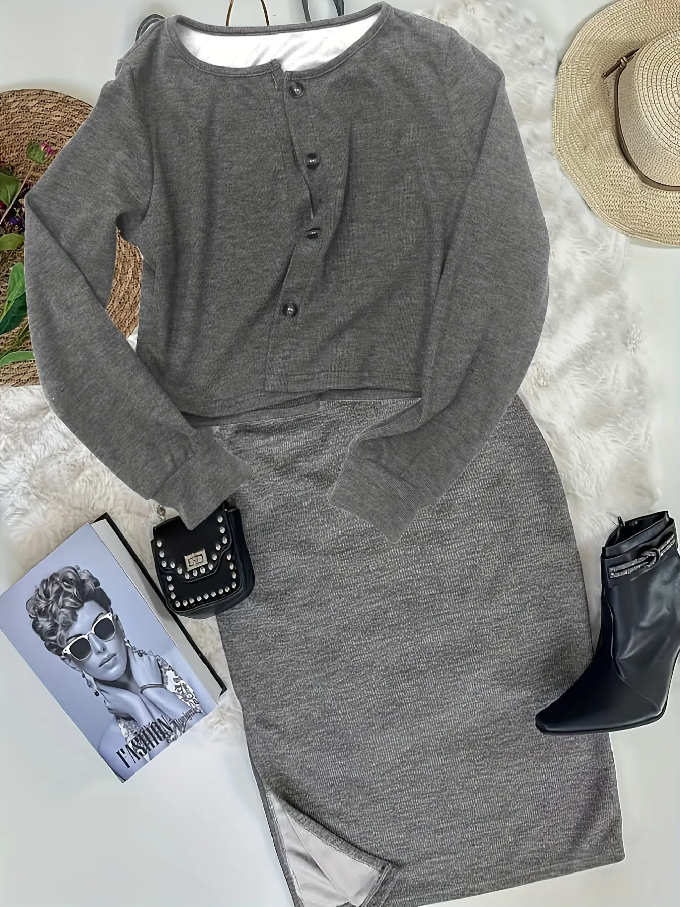 Women’s Dark Grey Slip Dress and Button Cardigan Set gallery view