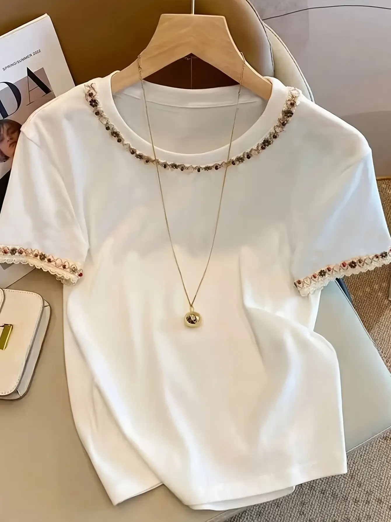 Women’s French-Inspired Ribbon Applique Crewneck Tee gallery view