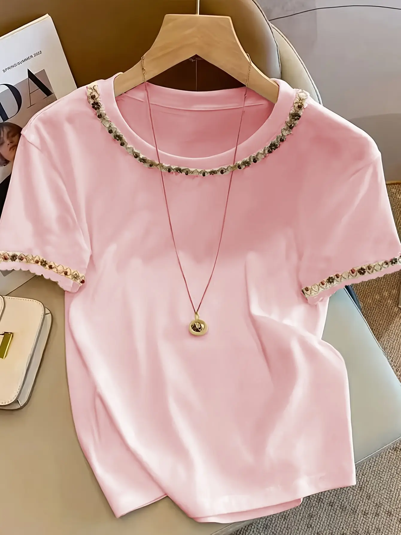 Women’s French-Inspired Ribbon Applique Crewneck Tee gallery view