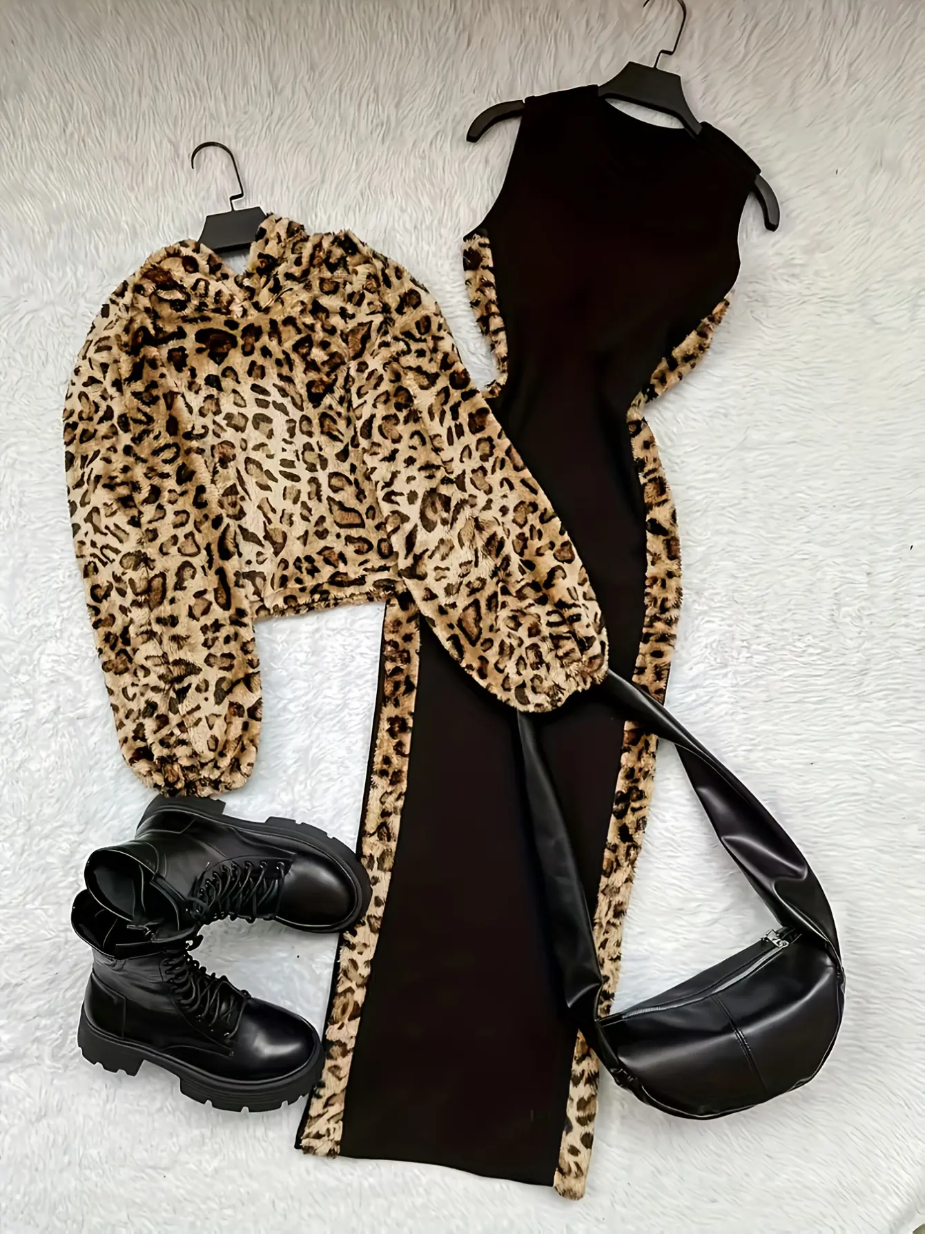 Women’s Leopard-Trim Hooded Jacket and Maxi Dress Set gallery view