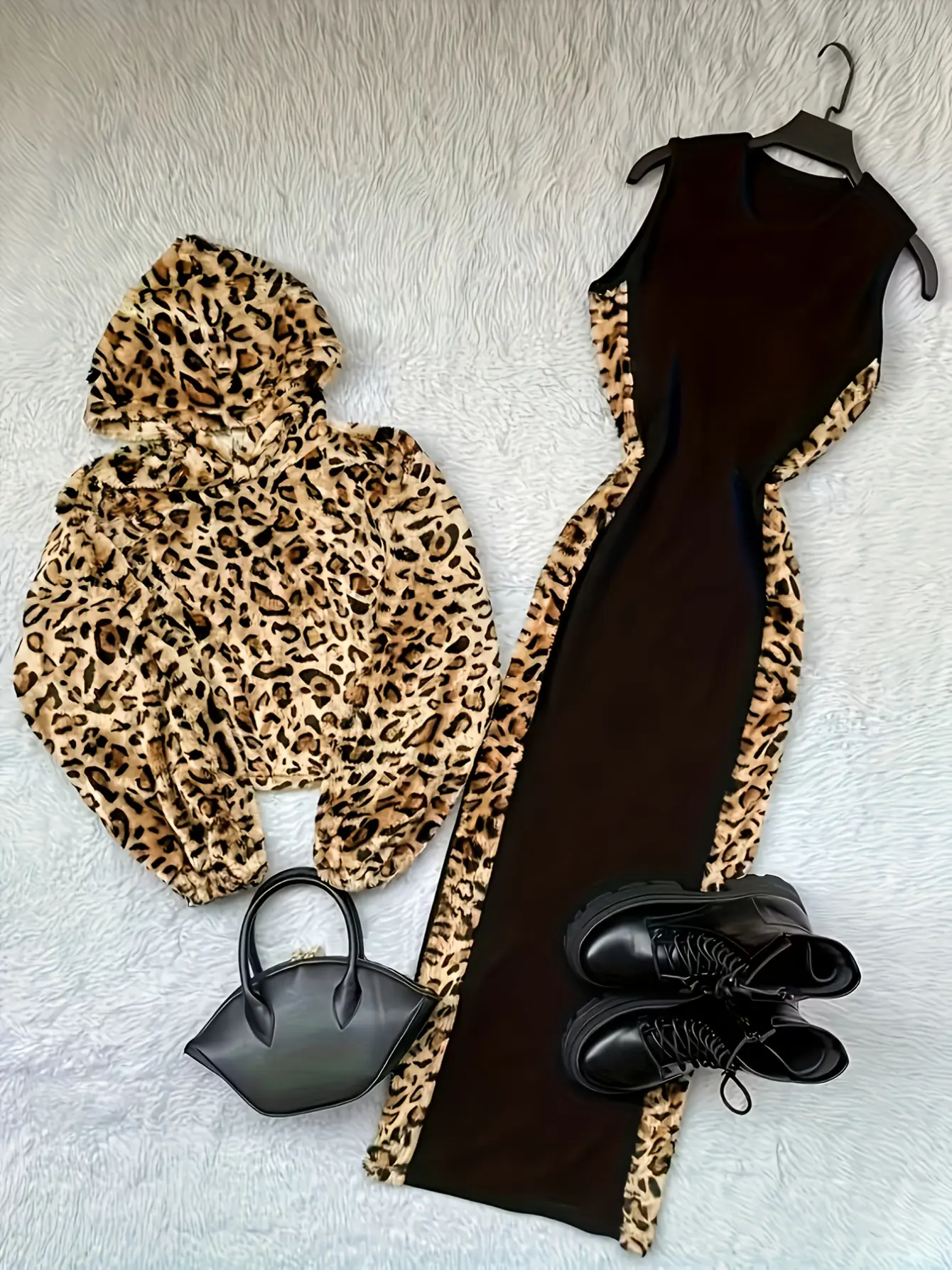Women’s Leopard-Trim Hooded Jacket and Maxi Dress Set gallery view