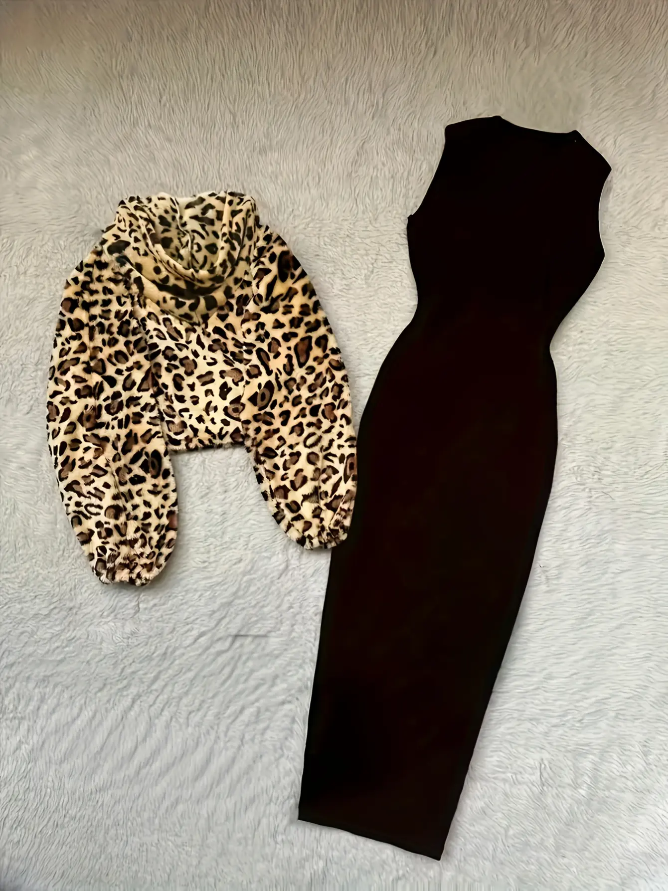 Women’s Leopard-Trim Hooded Jacket and Maxi Dress Set gallery view