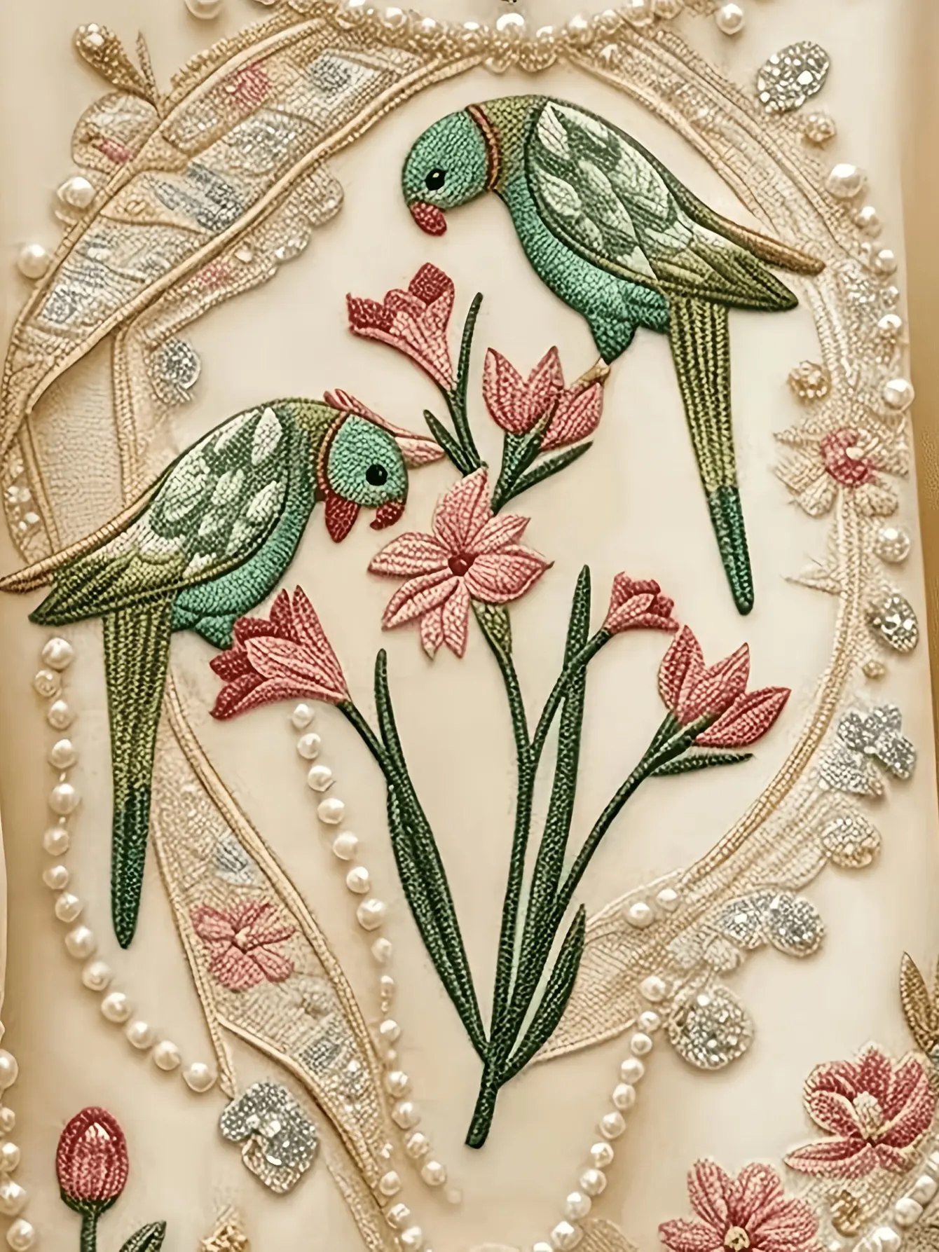 Close-up of bird and floral embroidery on cream top