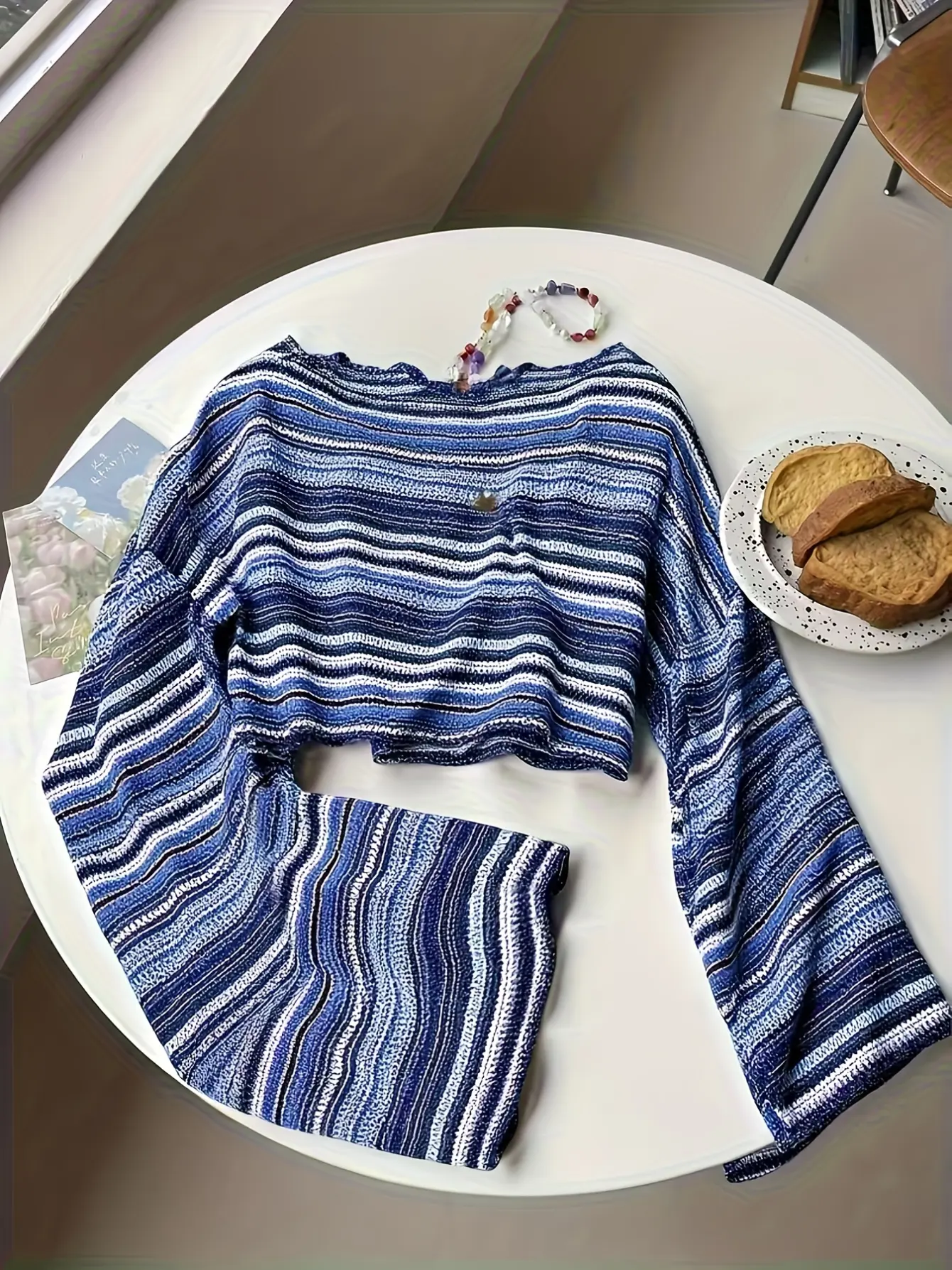 Women’s Boho Striped Crochet-Look Bell Sleeve Top gallery view