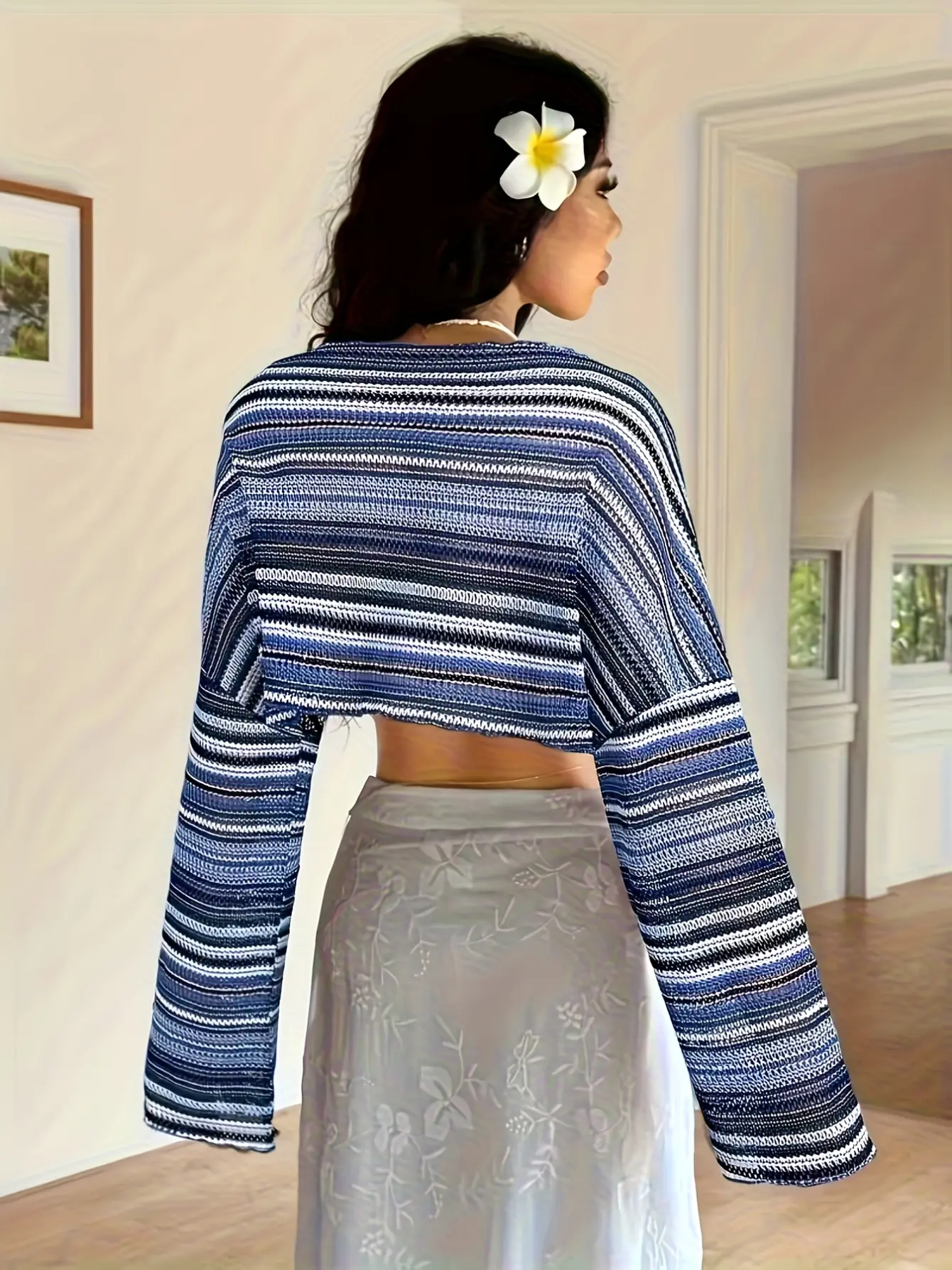 Women’s Boho Striped Crochet-Look Bell Sleeve Top gallery view