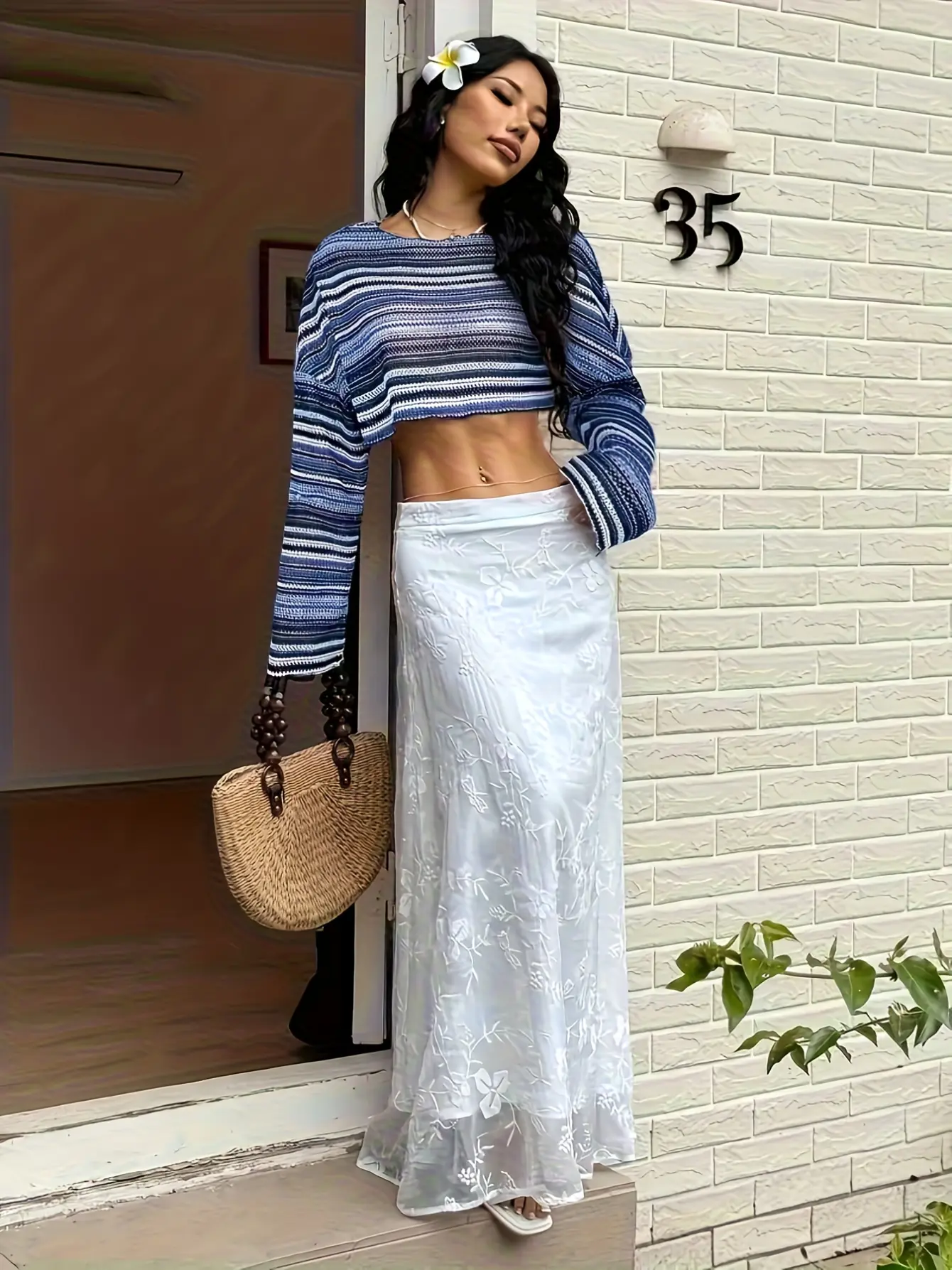Women’s Boho Striped Crochet-Look Bell Sleeve Top gallery view