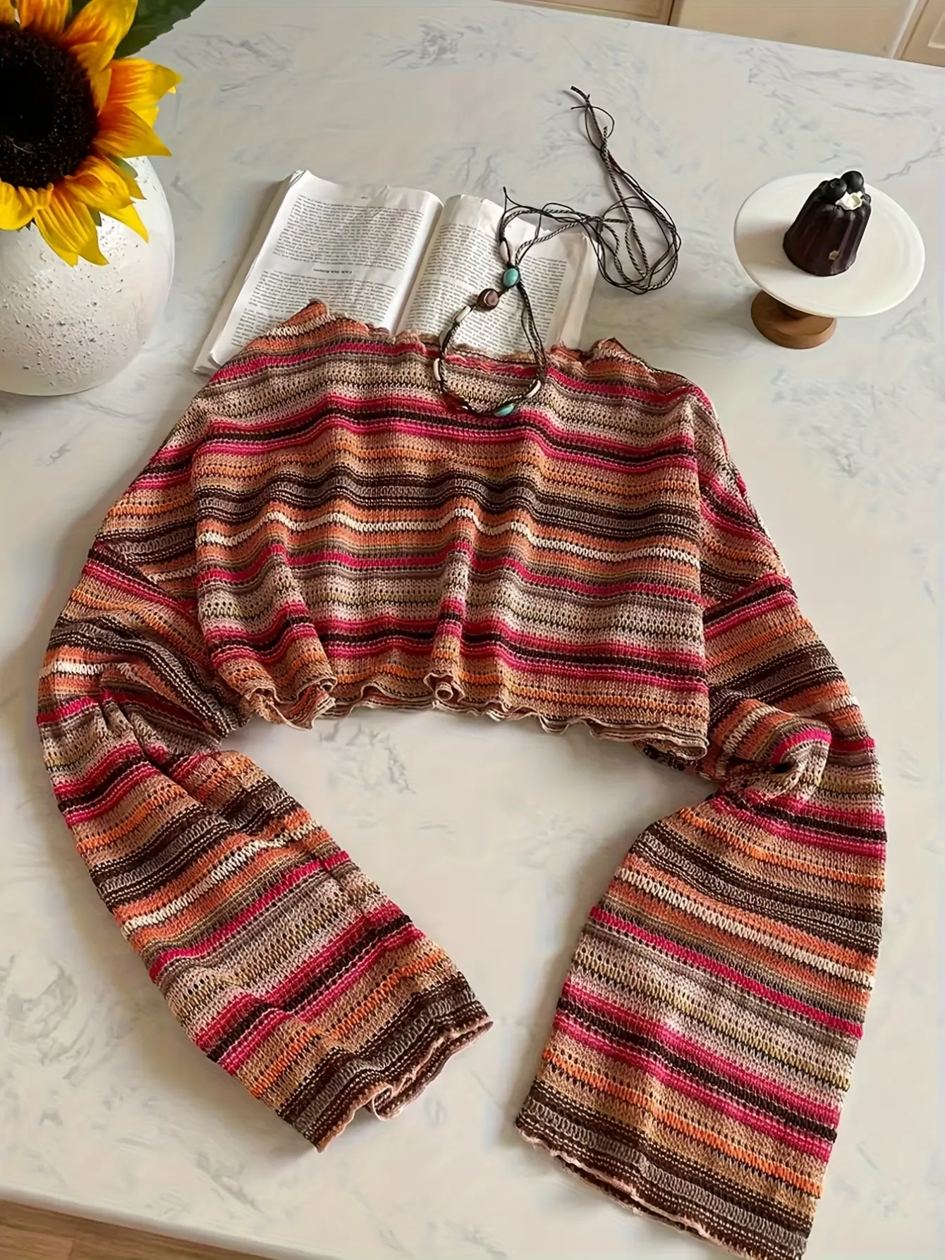 Women’s Boho Striped Crochet-Look Bell Sleeve Top gallery view