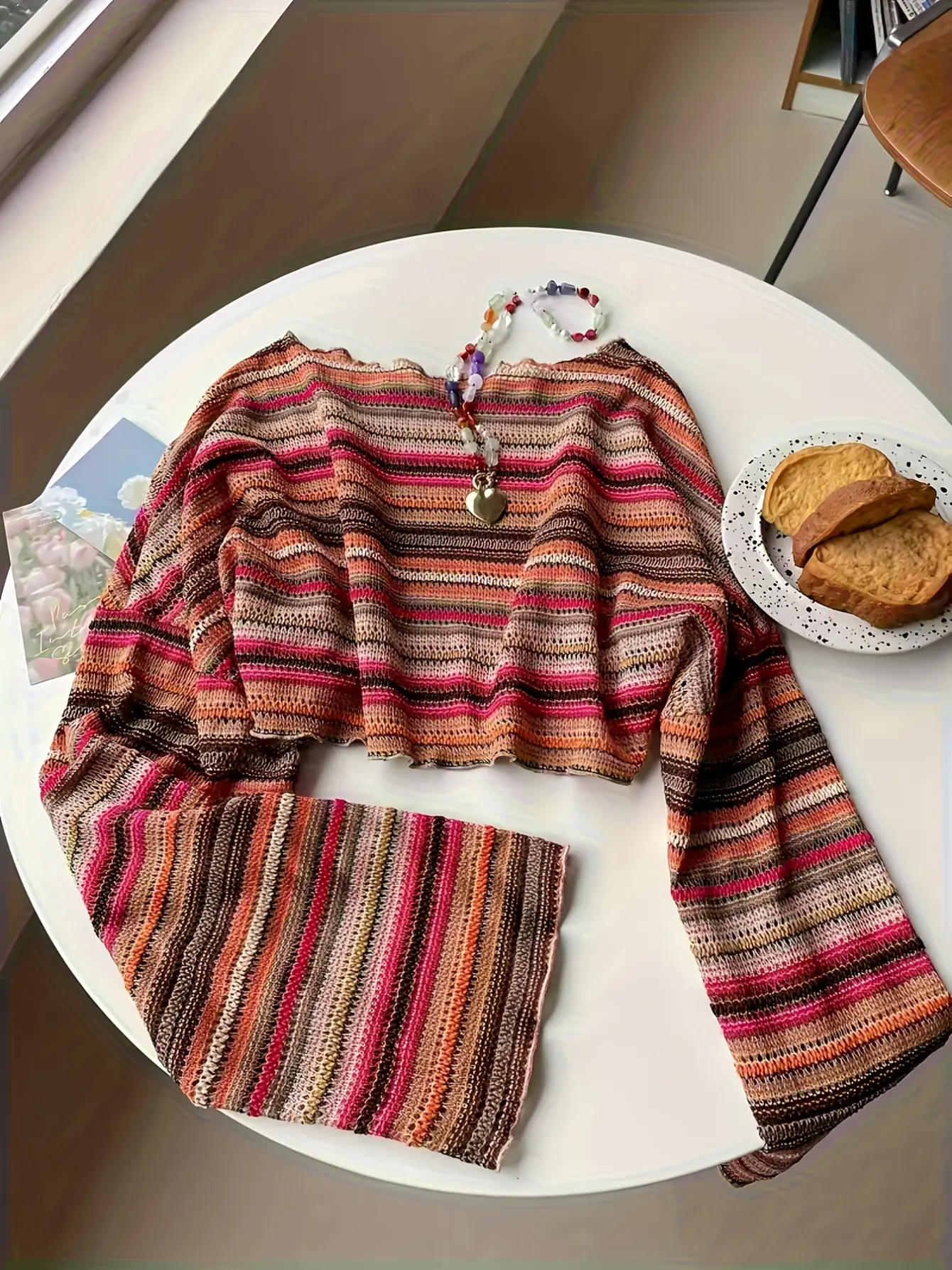 Women’s Boho Striped Crochet-Look Bell Sleeve Top gallery view