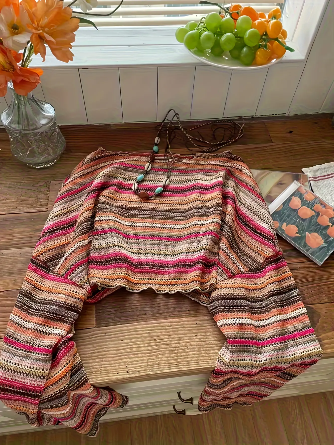 Women’s Boho Striped Crochet-Look Bell Sleeve Top gallery view