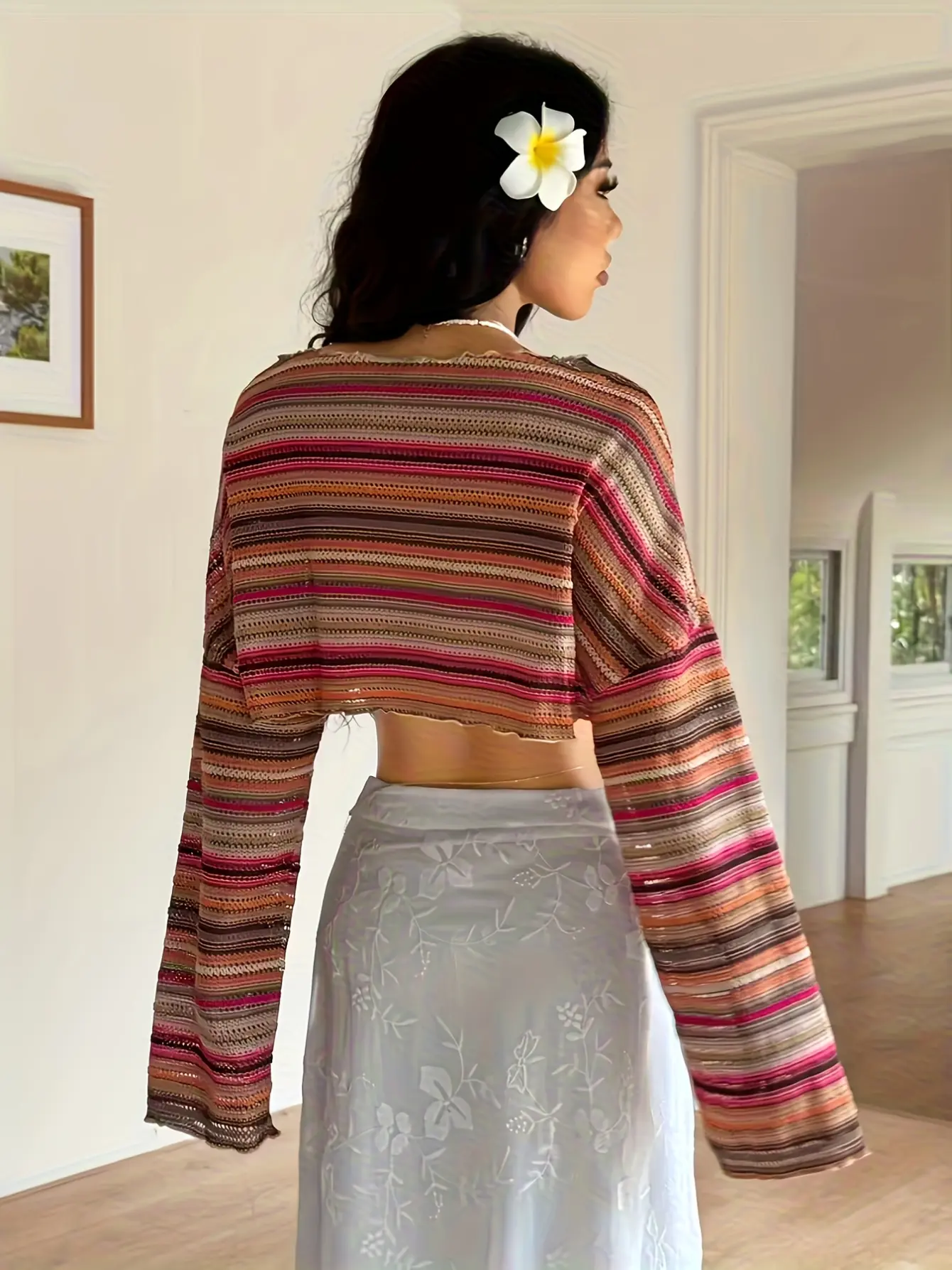Women’s Boho Striped Crochet-Look Bell Sleeve Top gallery view