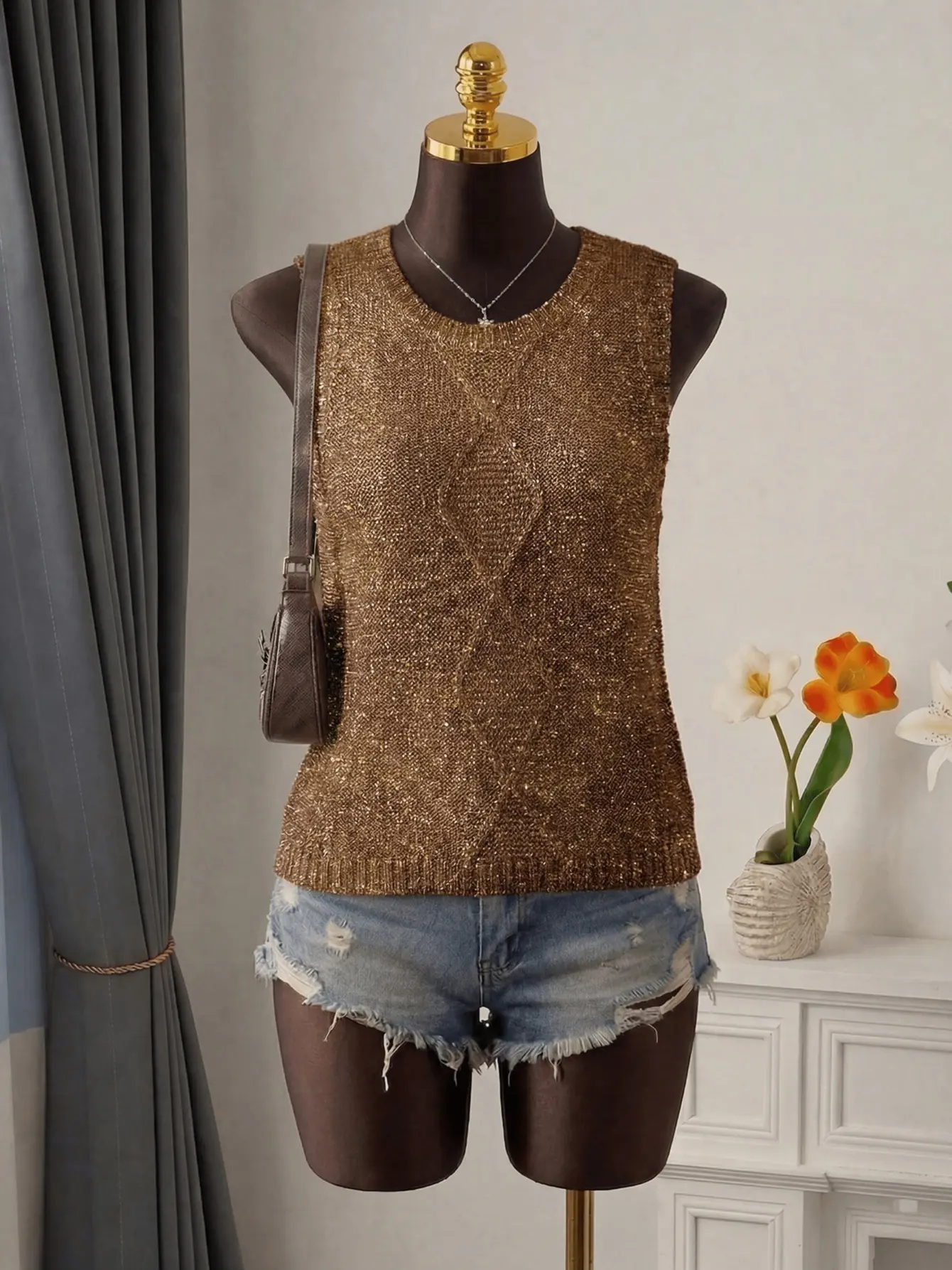 Women’s Asymmetrical Hem Open-Knit Sleeveless Vest gallery view