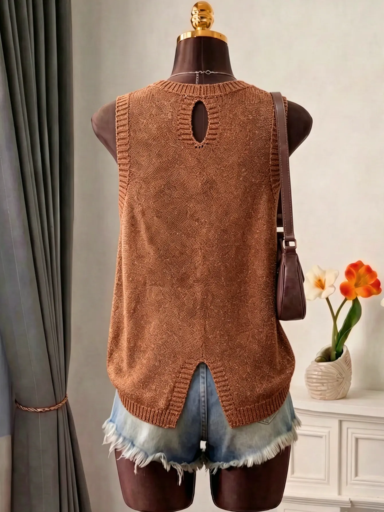 Women’s Asymmetrical Hem Open-Knit Sleeveless Vest gallery view