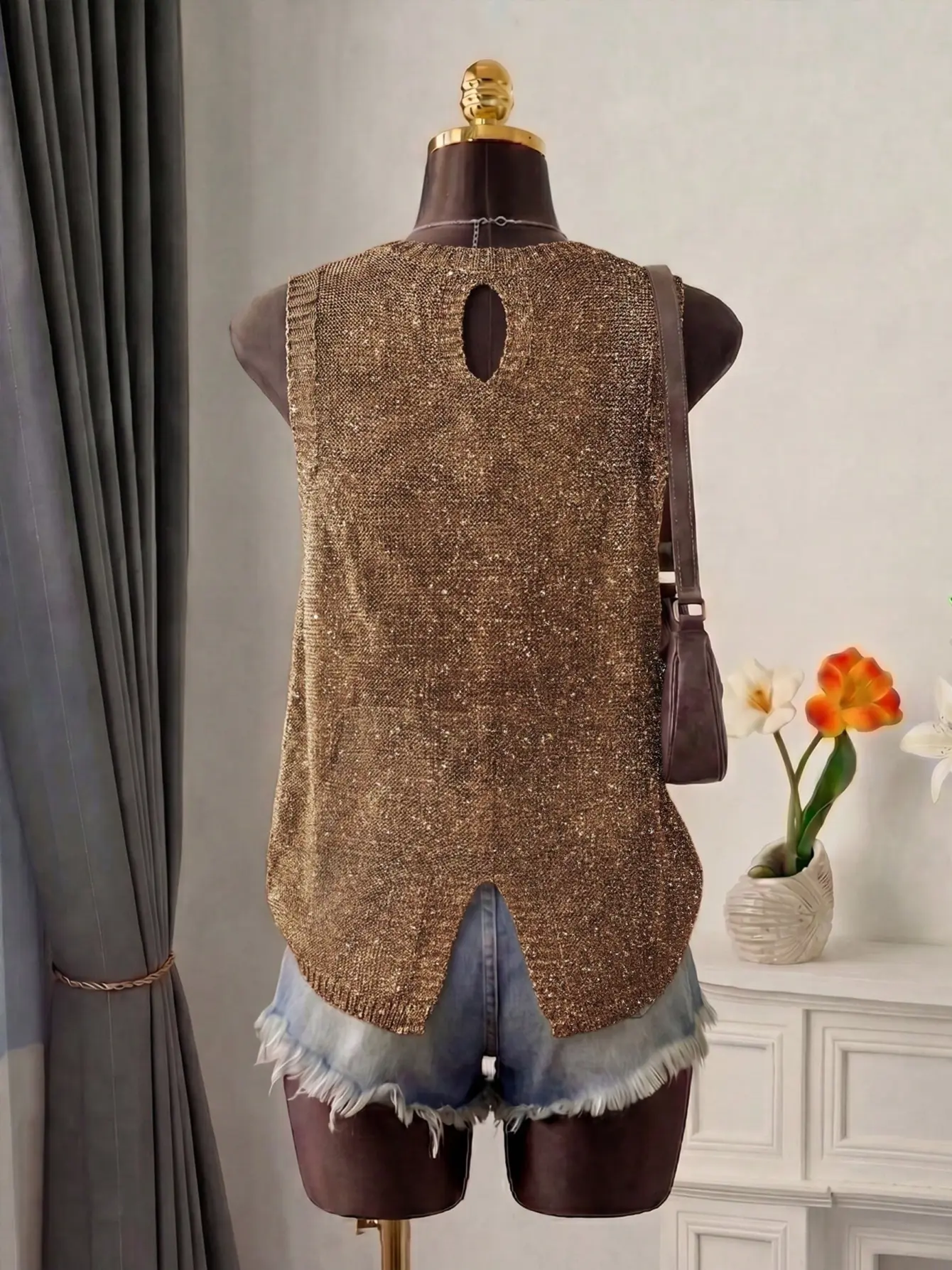 Women’s Asymmetrical Hem Open-Knit Sleeveless Vest gallery view