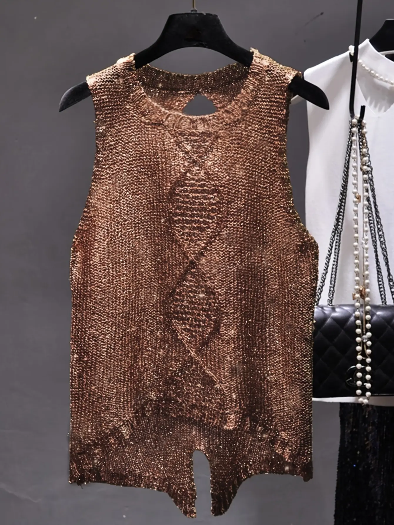 Women’s Asymmetrical Hem Open-Knit Sleeveless Vest gallery view