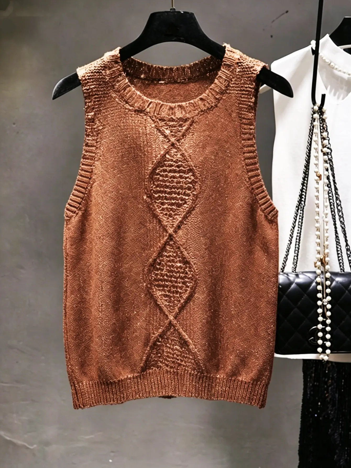 Women’s Asymmetrical Hem Open-Knit Sleeveless Vest gallery view