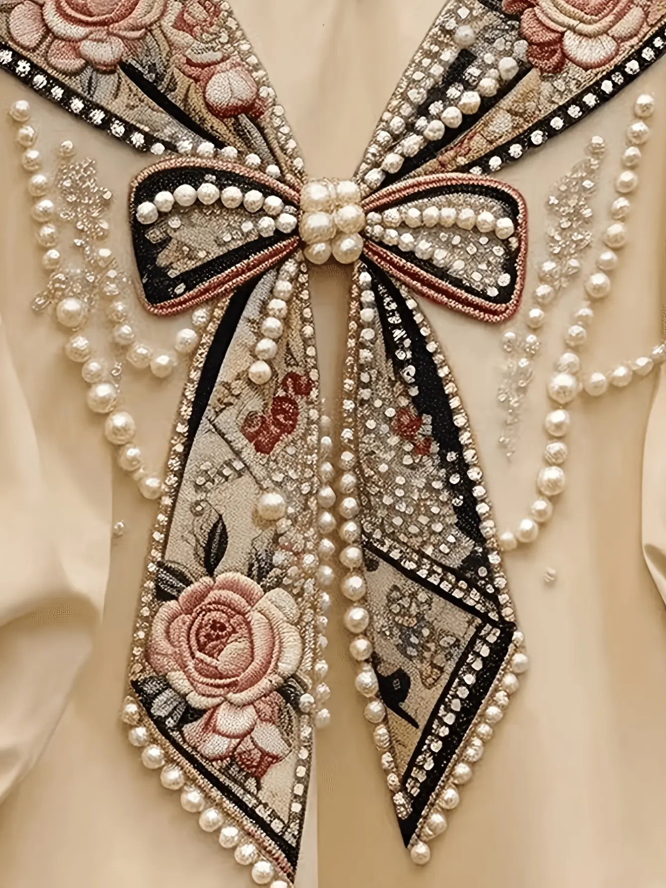 Cream longline petal-sleeve top with bow and floral embroidery