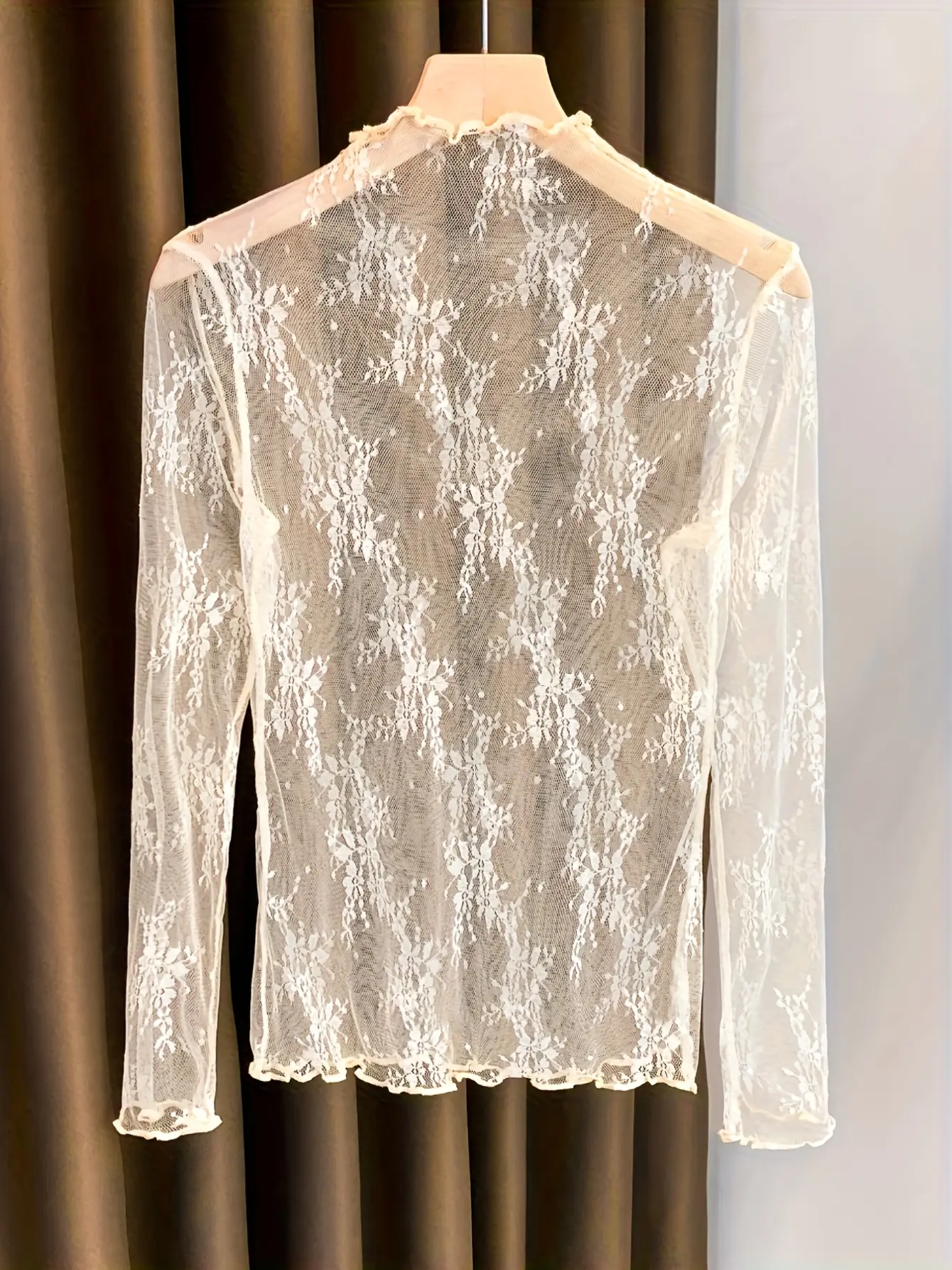 Women’s Lace Mock-Neck Sheer Mesh Long Sleeve Top gallery view