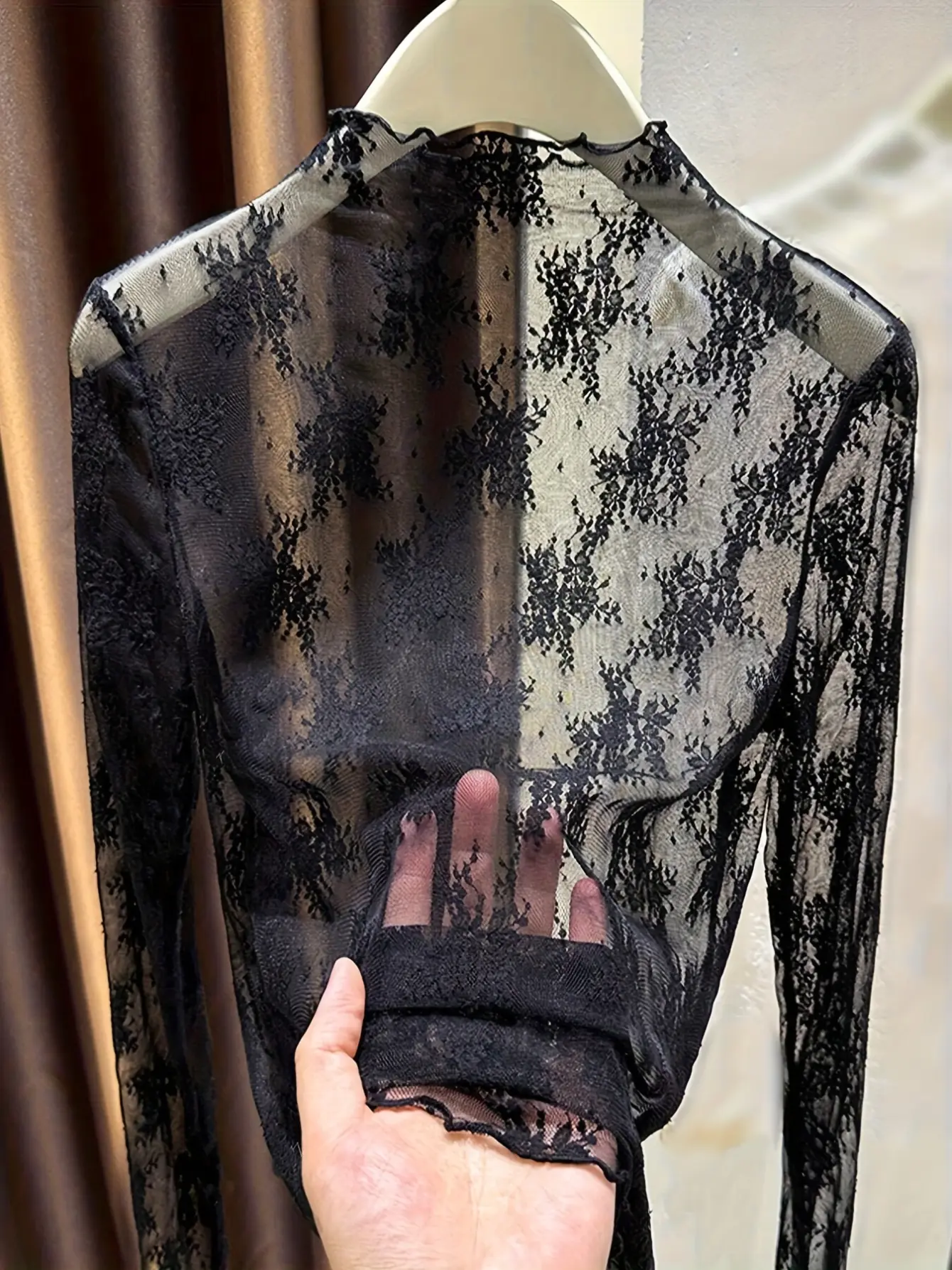 Women’s Lace Mock-Neck Sheer Mesh Long Sleeve Top gallery view