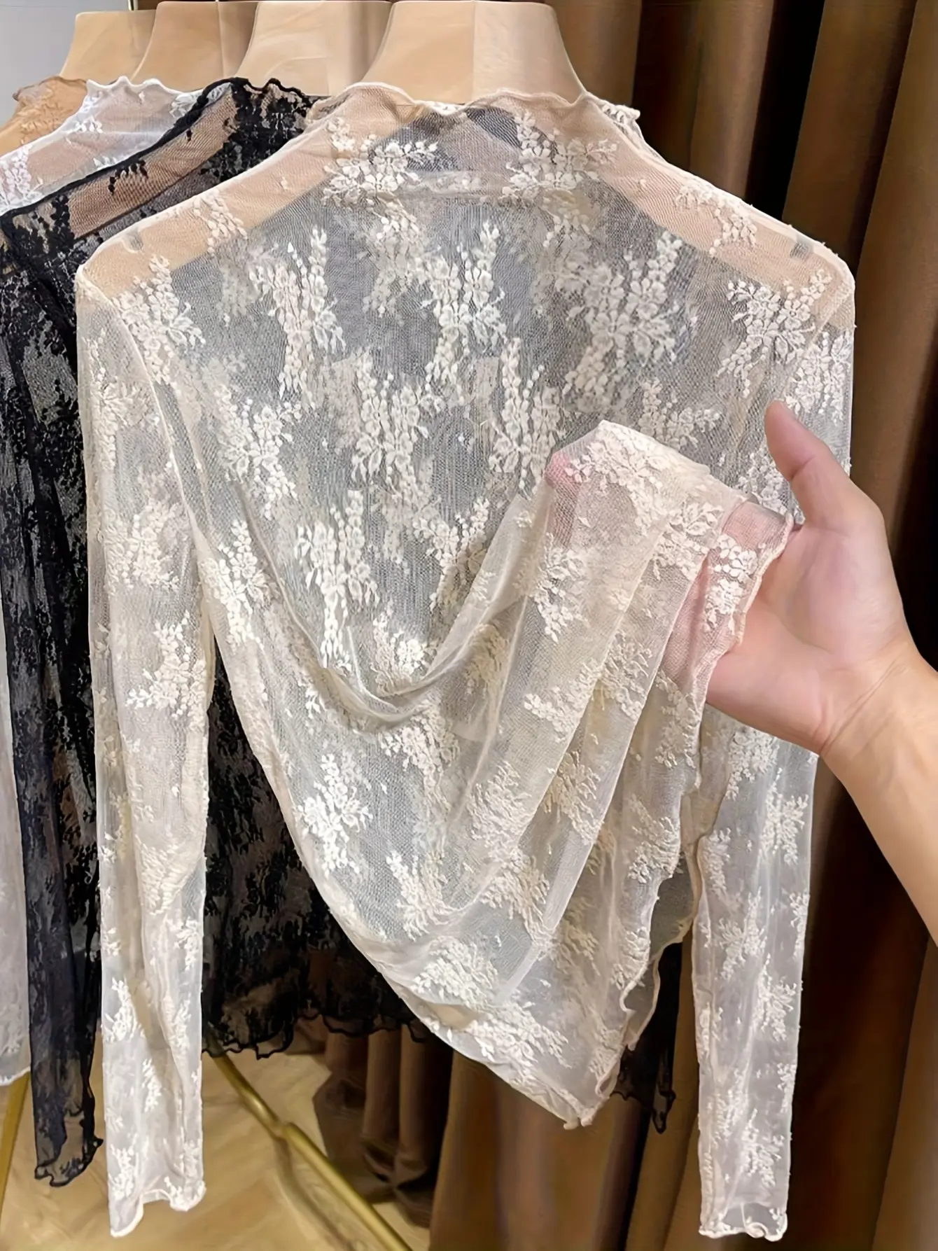 Women’s Lace Mock-Neck Sheer Mesh Long Sleeve Top gallery view