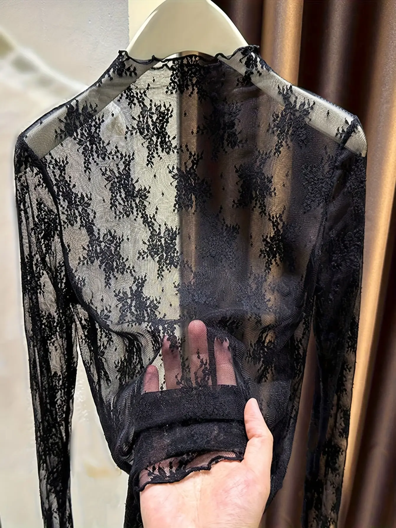 Women’s Lace Mock-Neck Sheer Mesh Long Sleeve Top gallery view