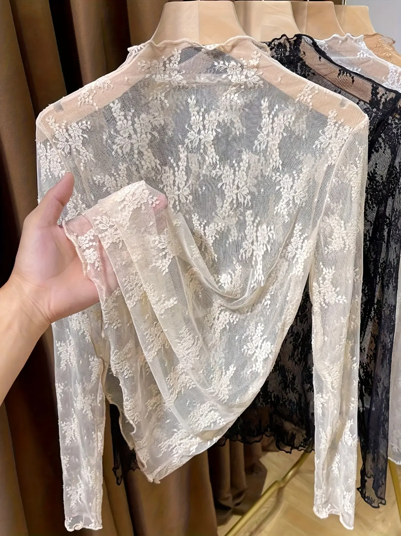 Women’s Lace Mock-Neck Sheer Mesh Long Sleeve Top gallery view